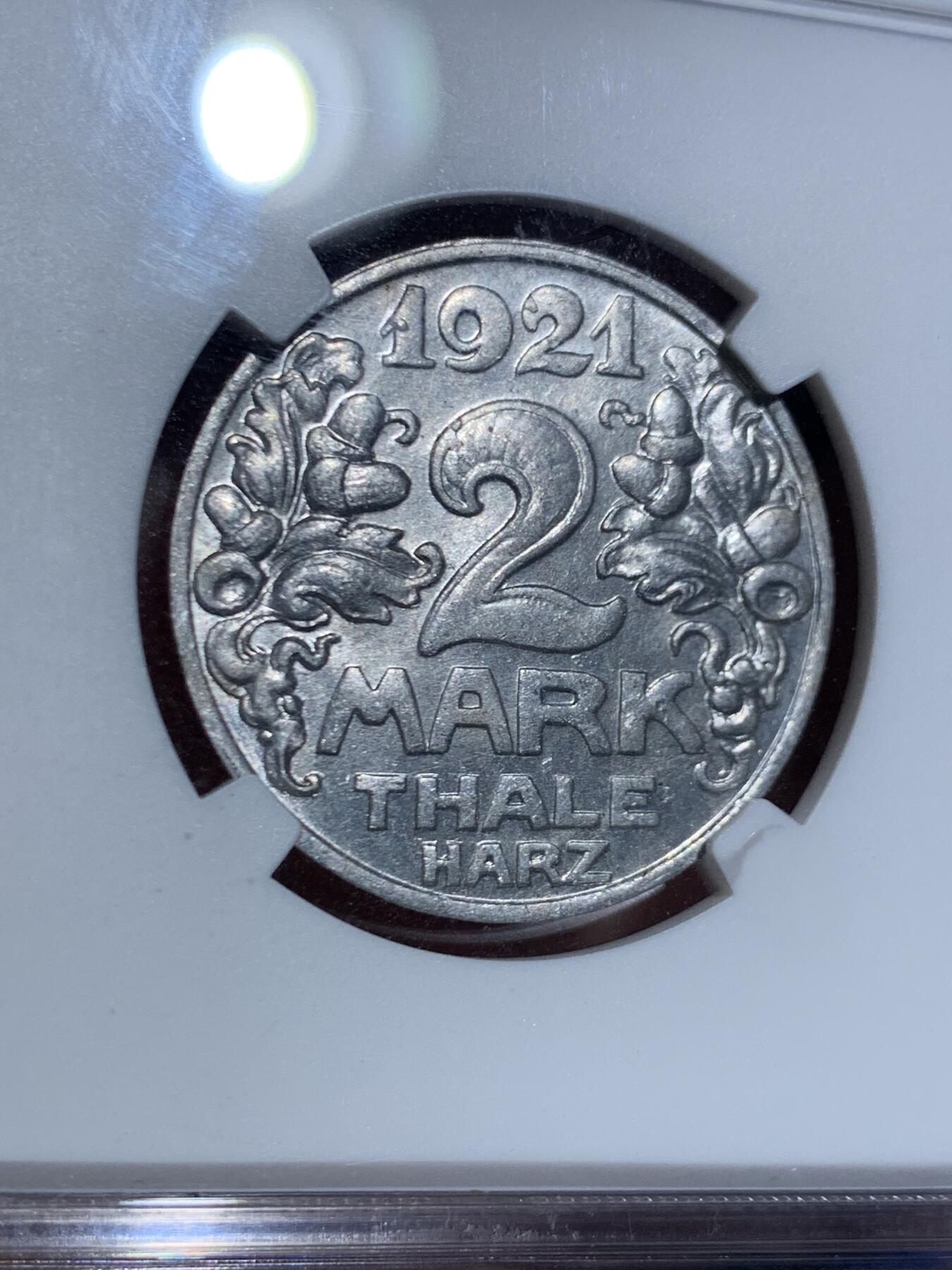 《竞宝斋》第445场 周日，周一，2场连拍 （全场包邮） NGC MS64 德国1921年德紧塔勒哈茨大猫2马克铝币 少见品种