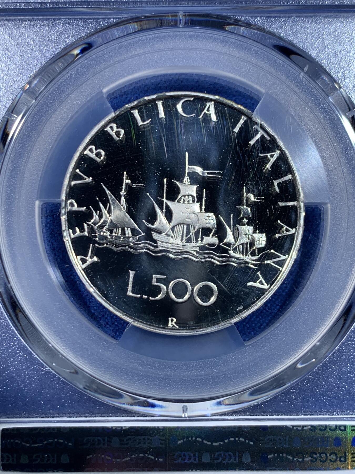 《竞宝斋》第445场 周日，周一，2场连拍 （全场包邮） 亚军分 PCGS PR68DCAM 意大利 1985年 帆船少女 精制500里拉银币 首年发行的精制 镜面光十足