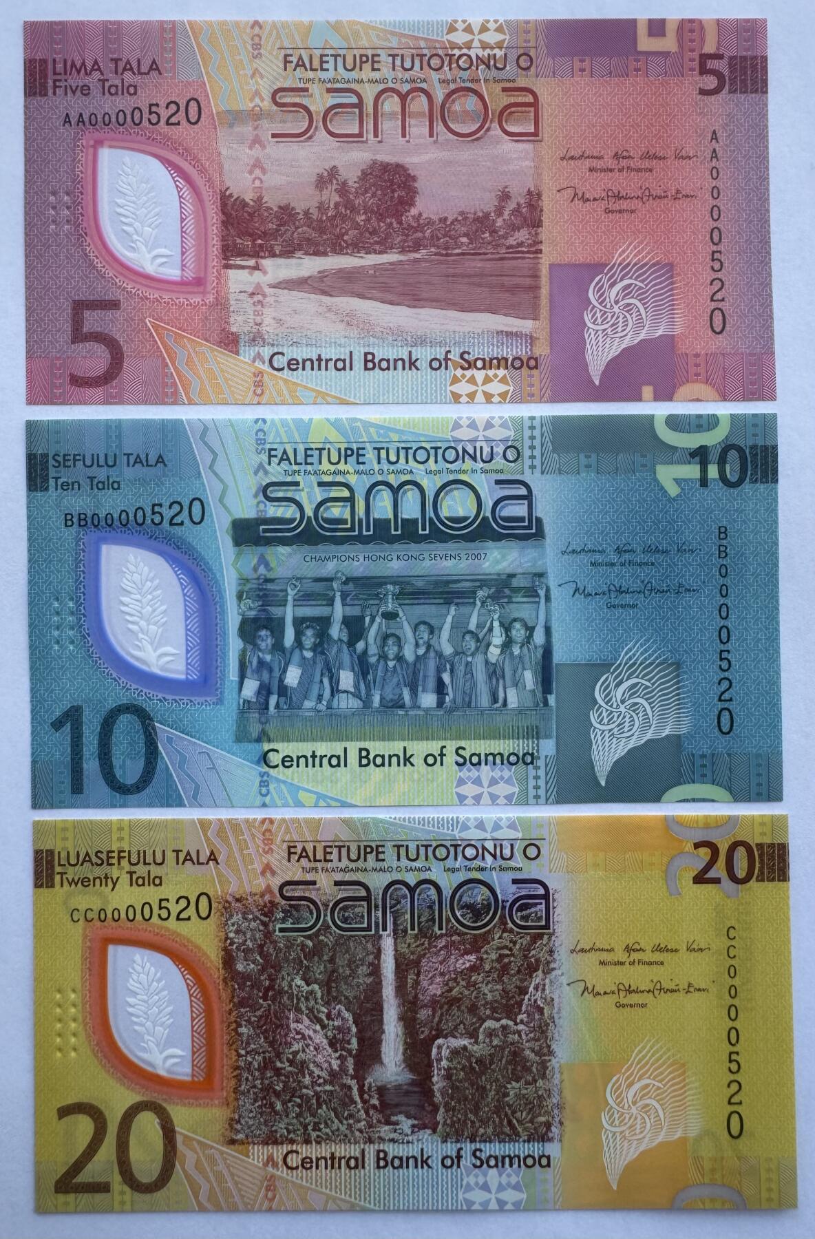2025第25场（总第225期）：精品测试钞、塑料钞、纪念券、外钞综合场 首发百位爱情号0000520 萨摩亚2023年版5、10、20塔拉塑料钞一组3枚UNC