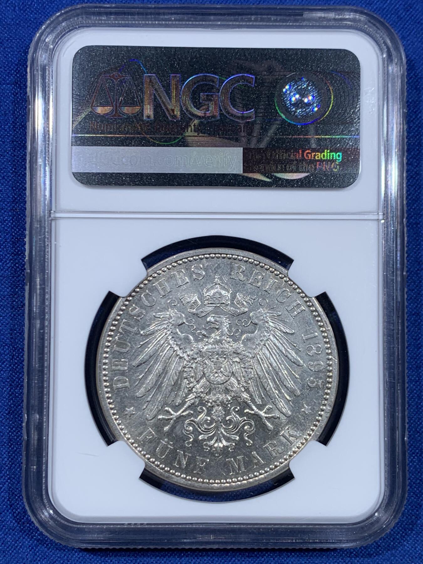 《竞宝斋》第445场 周日，周一，2场连拍 （全场包邮） NGC AUD 德国普鲁士1895年威廉二世5马克银币 流通5马克这状态很难得