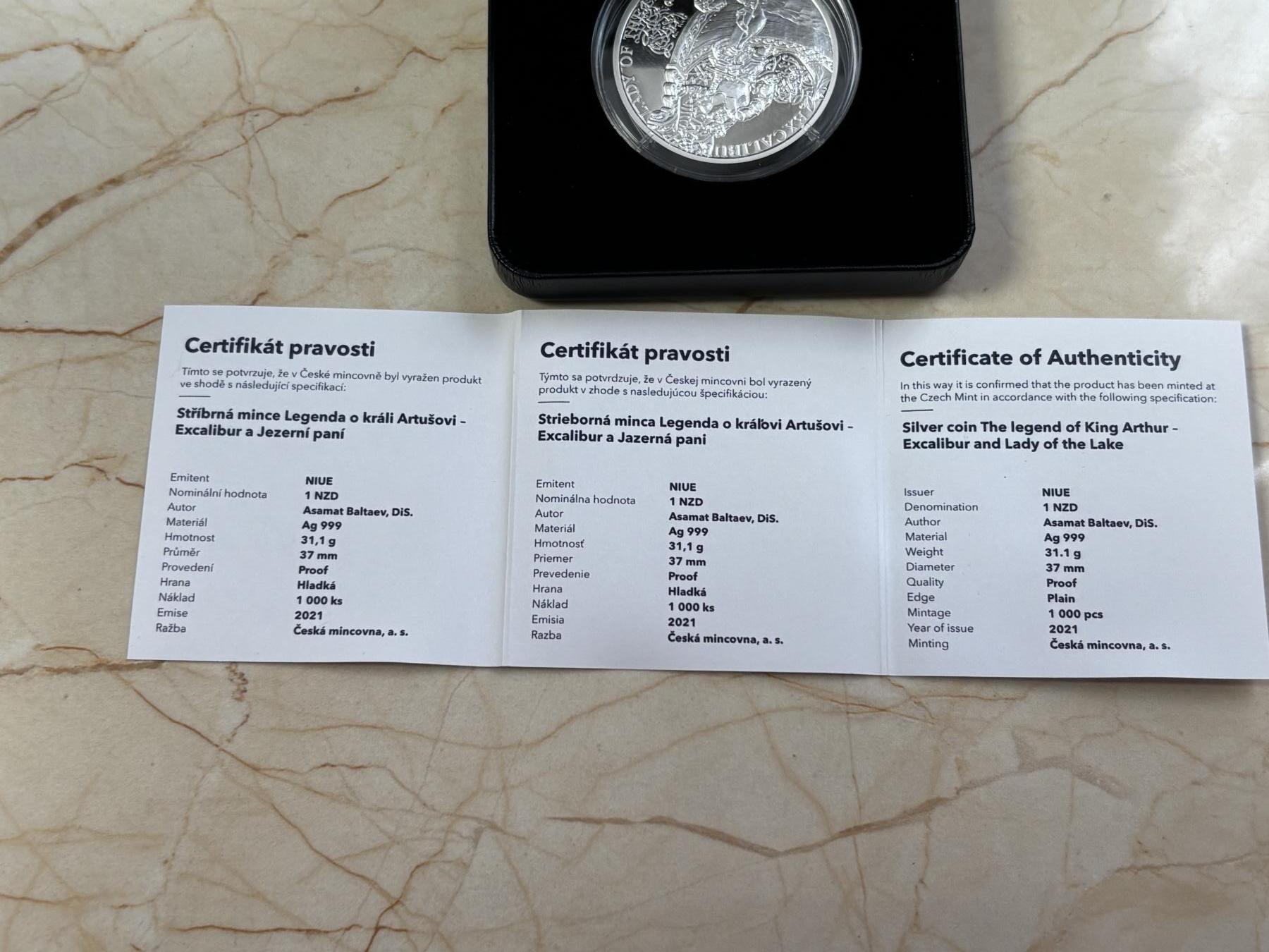 第185期拍卖 纽埃2021年亚瑟王传奇系列2湖女之剑31.1克精制银币，999银，发行1000枚