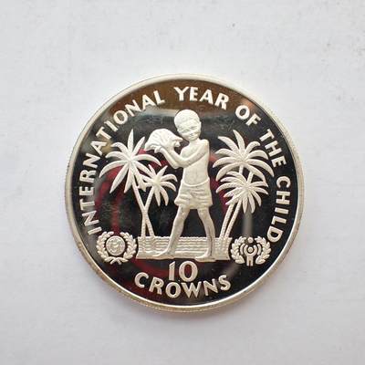 古楚泉社世界钱币专场NO.2 - 精制特克斯和凯科斯1982年儿童年10克朗大银币