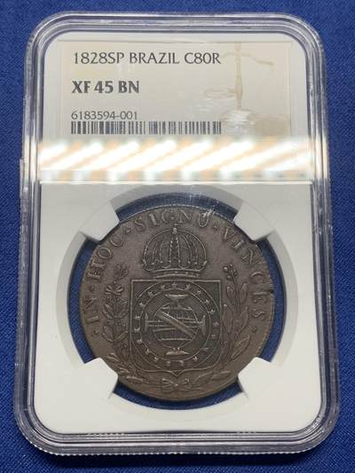 《竞宝斋》第445场 周日，周一，2场连拍 （全场包邮） - NGC XF45BN 亚军分 巴西1828年地球80R大铜币，好品非常少见的铜地球，常见多弱打，此枚双面全深打，压铸清晰深峻，状态非常难得。更高仅1枚53