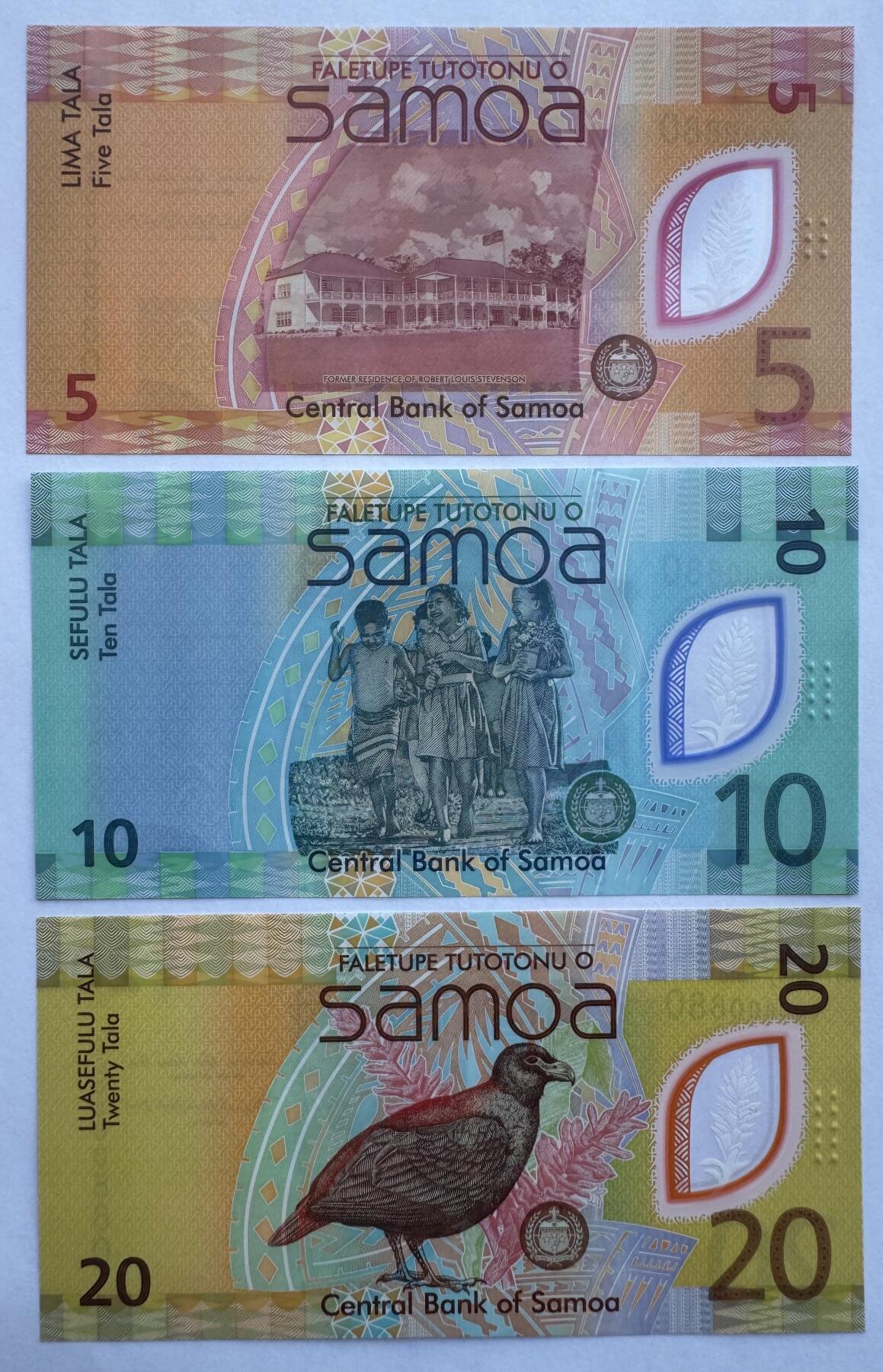 2025第25场（总第225期）：精品测试钞、塑料钞、纪念券、外钞综合场 首发百位圆圆号0000880 萨摩亚2023年版5、10、20塔拉塑料钞一组3枚UNC