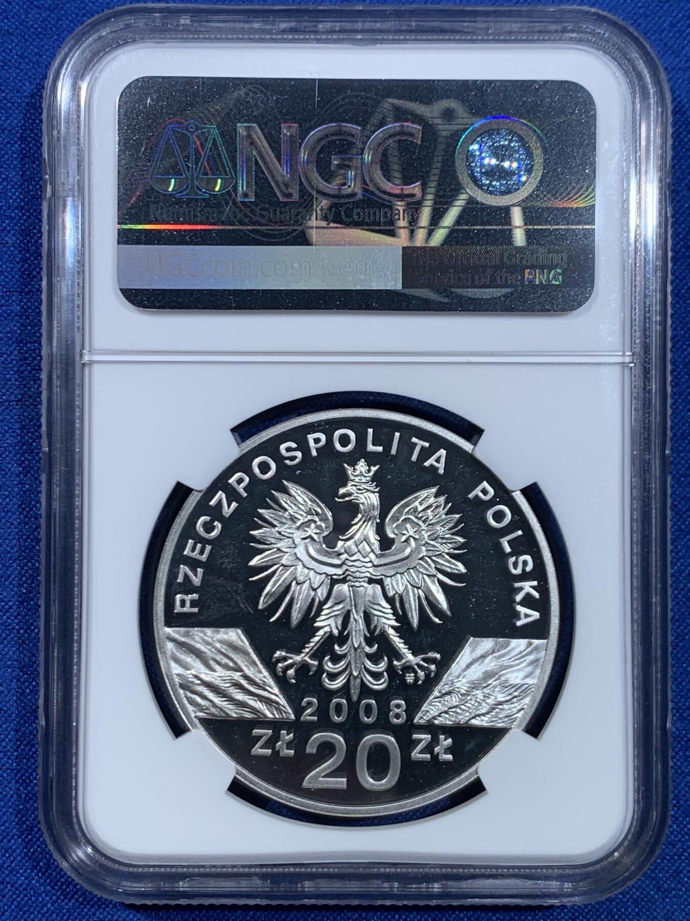 《竞宝斋》第445场 周日，周一，2场连拍 （全场包邮） NGC PF66UC 波兰2008年游隼20兹罗提精制银币 925银 28.28克