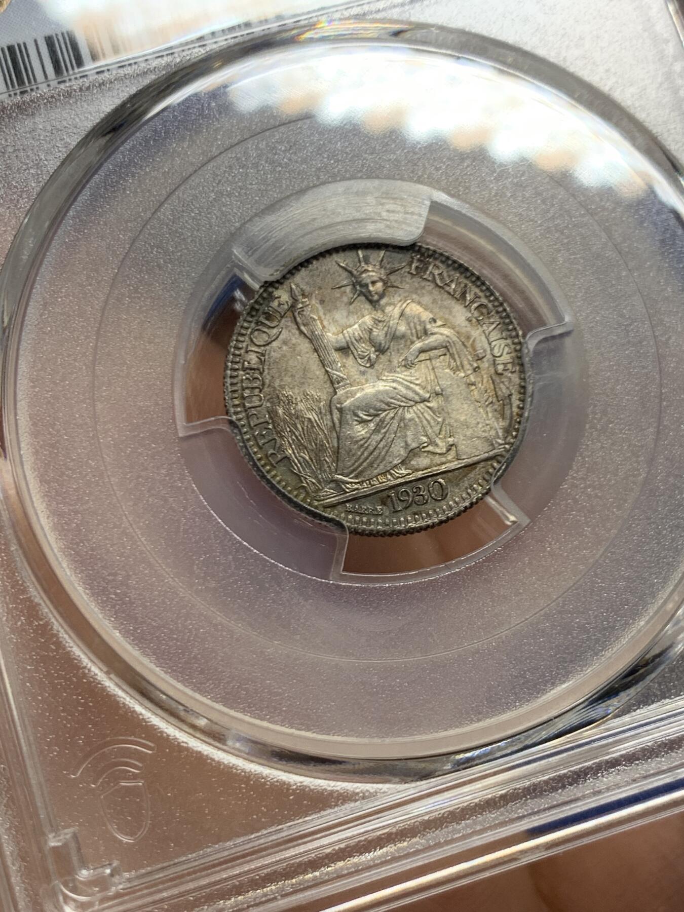 《竞宝斋》第445场 周日，周一，2场连拍 （全场包邮） PCGS MS64 法属印支1930年A版坐洋10分 五彩包浆 少见年份 季军分 高评仅7枚