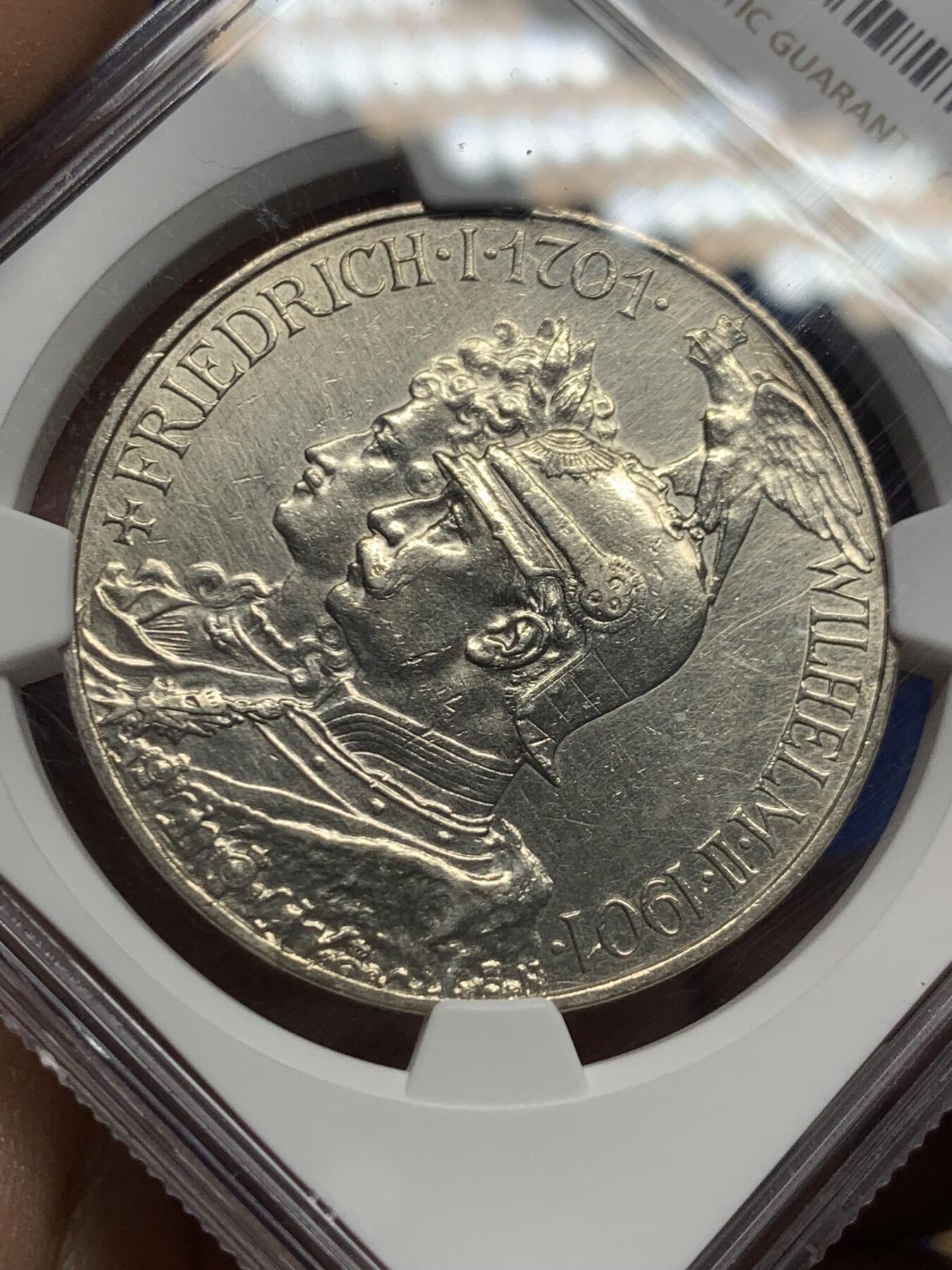 《竞宝斋》第445场 周日，周一，2场连拍 （全场包邮） NGC AUD 德国1901年普鲁士建国200周年5马克银币