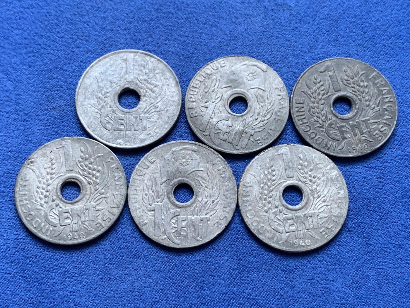 《竞宝斋》第445场 周日，周一，2场连拍 （全场包邮） 六枚一组 法属印支花帽1分锌币 细节见图