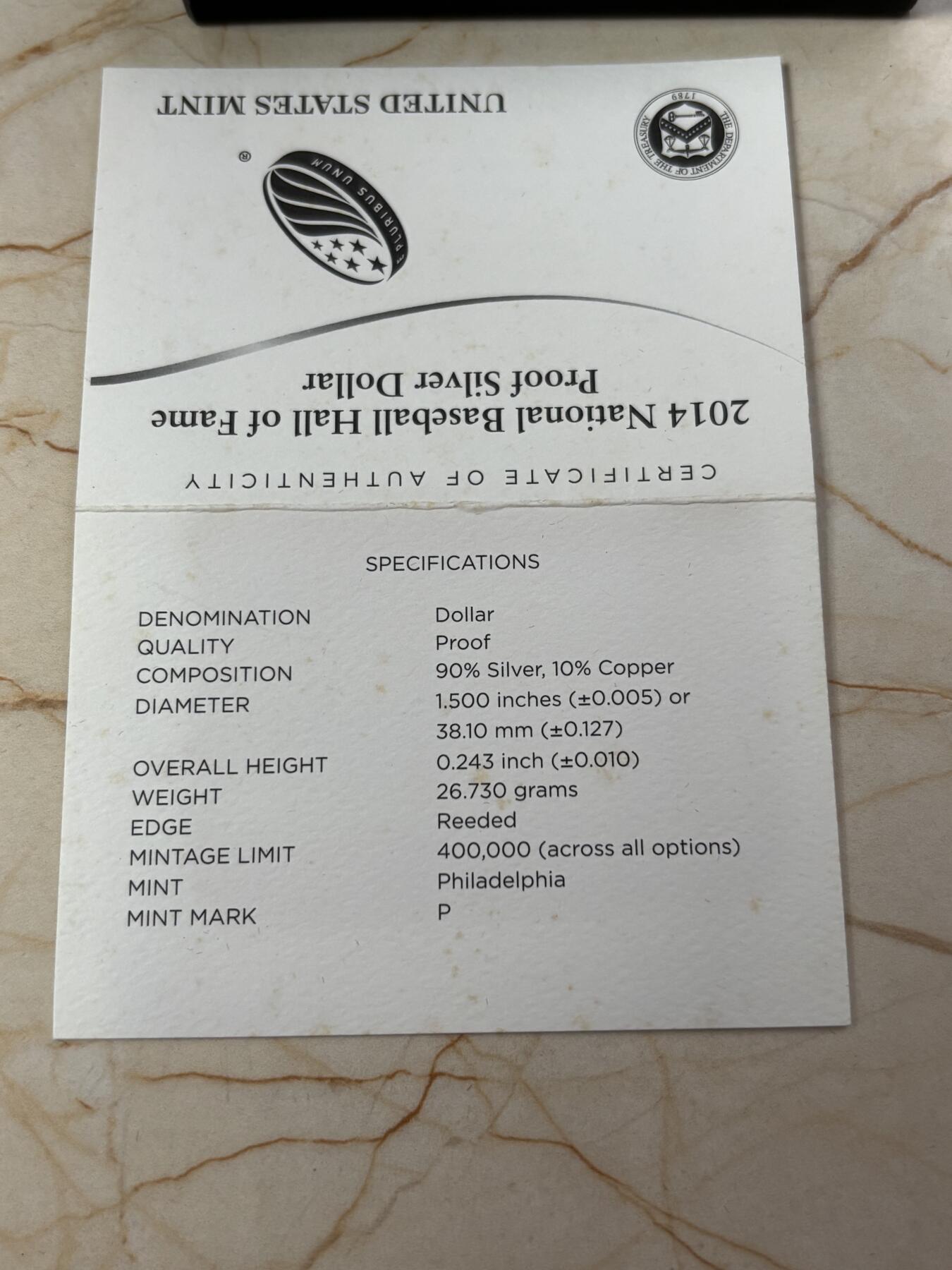 第185期拍卖 获奖美国2014年棒球名人堂75周年弧面曲面银币，26.73克，900银，有氧化