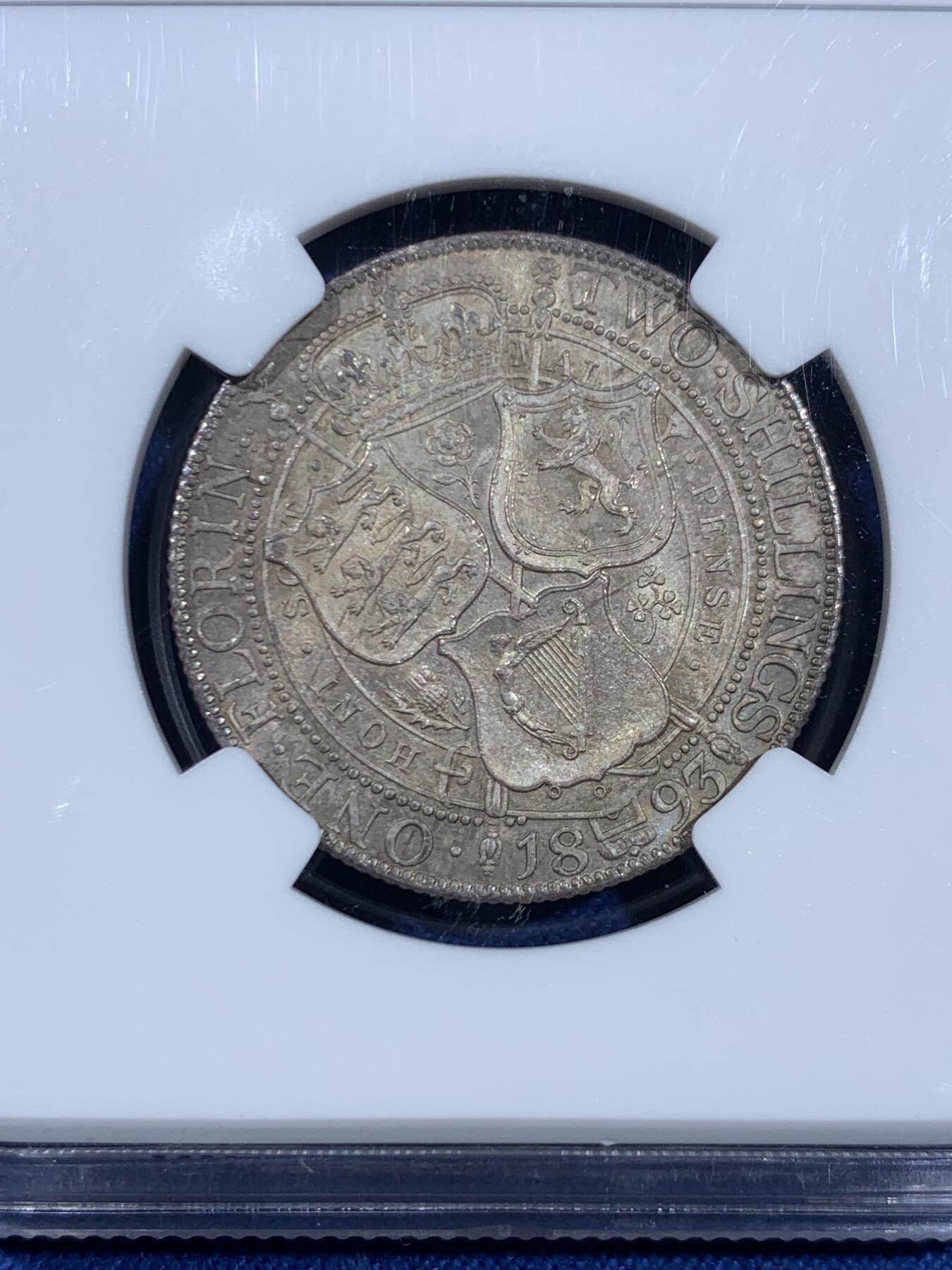 《竞宝斋》第445场 周日，周一，2场连拍 （全场包邮） NGC MS64 英国 1893年 维多利亚披纱2先令 (1福林) 银币，灰金彩，底板丝滑，非常好的状态。英系经典，收藏级品质