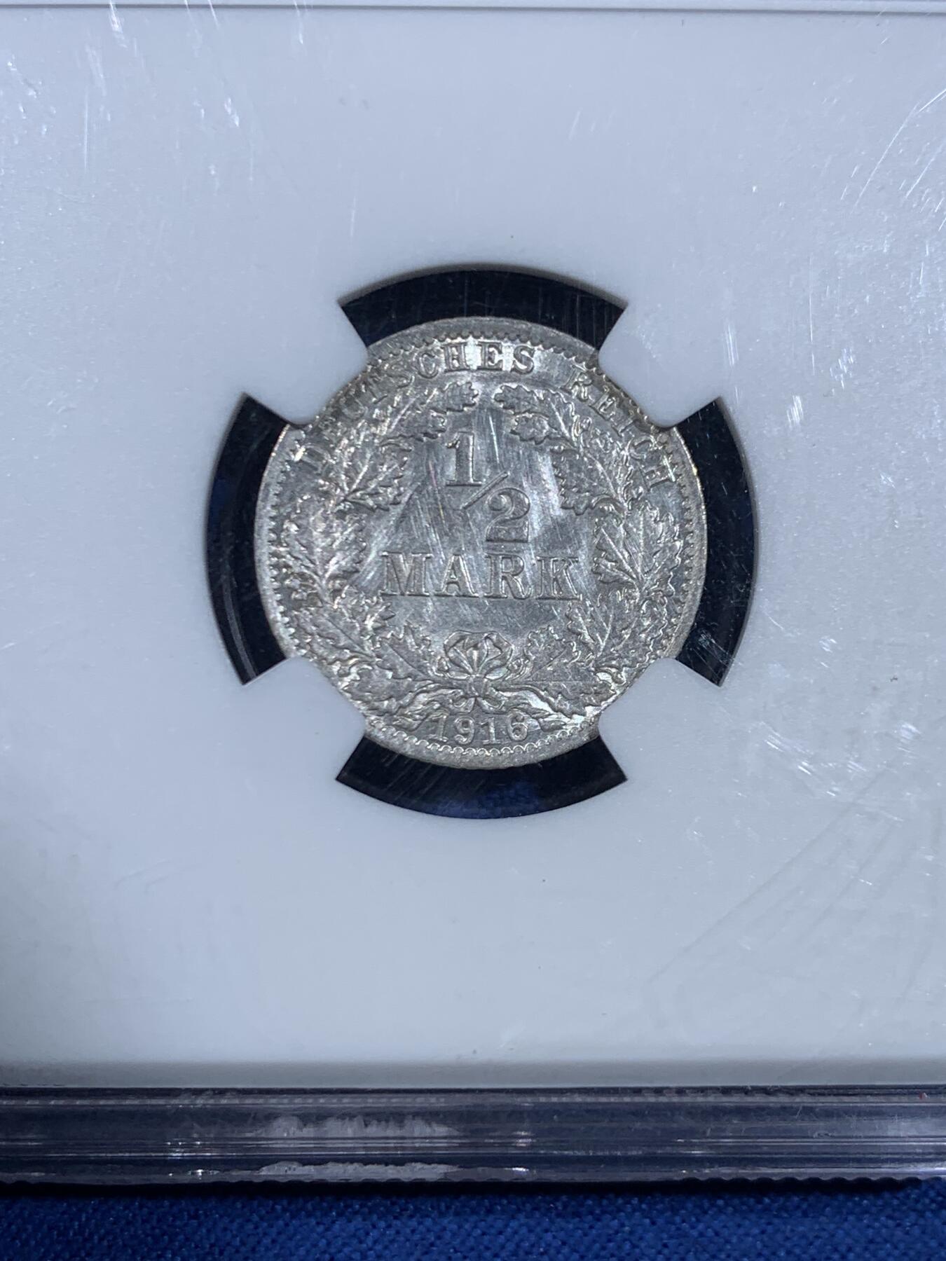 《竞宝斋》第445场 周日，周一，2场连拍 （全场包邮） NGC UNCD 德国1916A半马克银币 光度好 状态也好