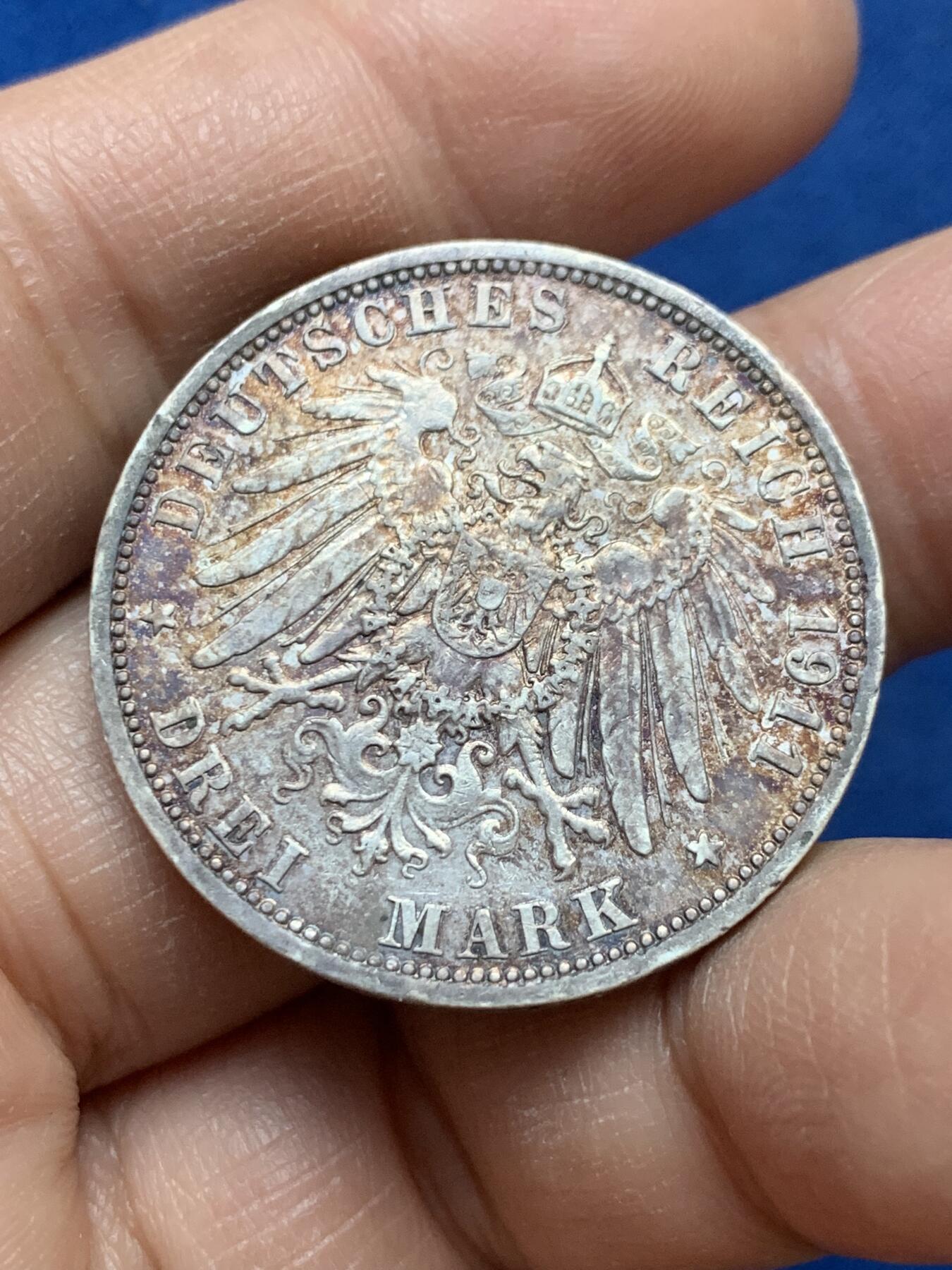 《竞宝斋》第445场 周日，周一，2场连拍 （全场包邮） 德国普鲁士1911年威廉二世流通3马克银币