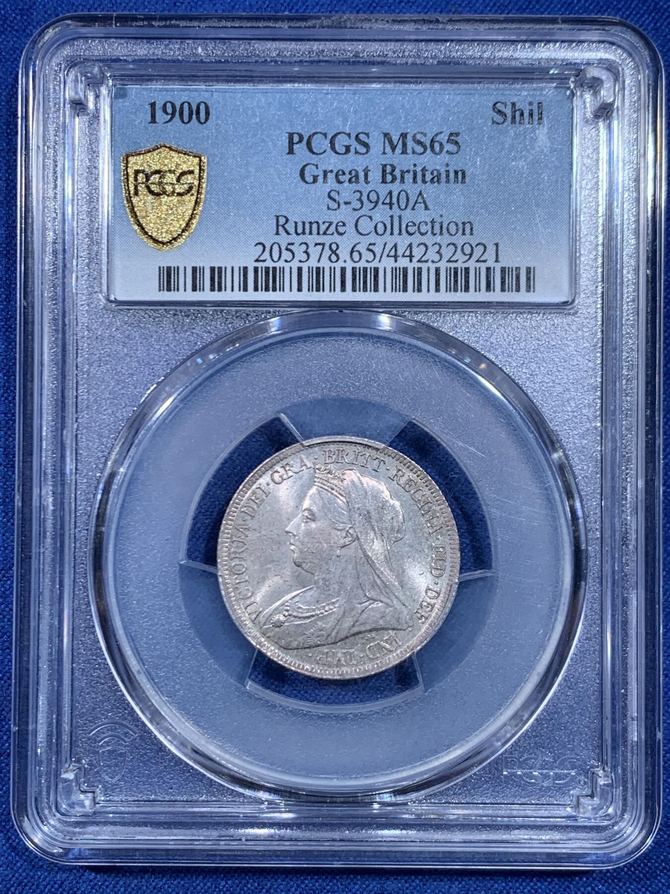 《竞宝斋》第445场 周日，周一，2场连拍 （全场包邮） PCGS MS65 英国 1900年 维多利亚 披纱 先令 仅有7枚更高分 双面欧洲老包浆