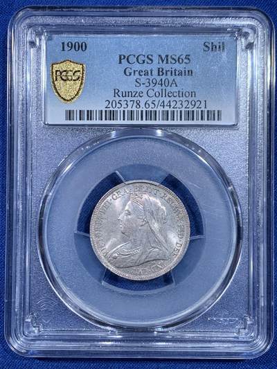 《竞宝斋》第445场 周日，周一，2场连拍 （全场包邮） - PCGS MS65 英国 1900年 维多利亚 披纱 先令 仅有7枚更高分 双面欧洲老包浆