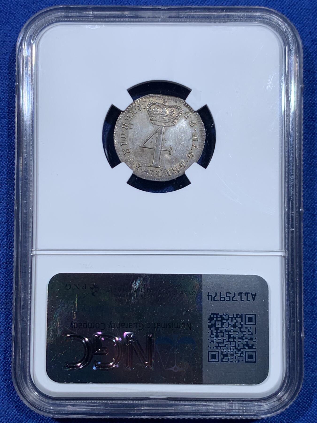 《竞宝斋》第445场 周日，周一，2场连拍 （全场包邮） 四枚一组 NGC AU55/MS63/MS62/UNCD 英国1746年乔治二世1/2/3/4便士银币 2便士盒子右下角有磕