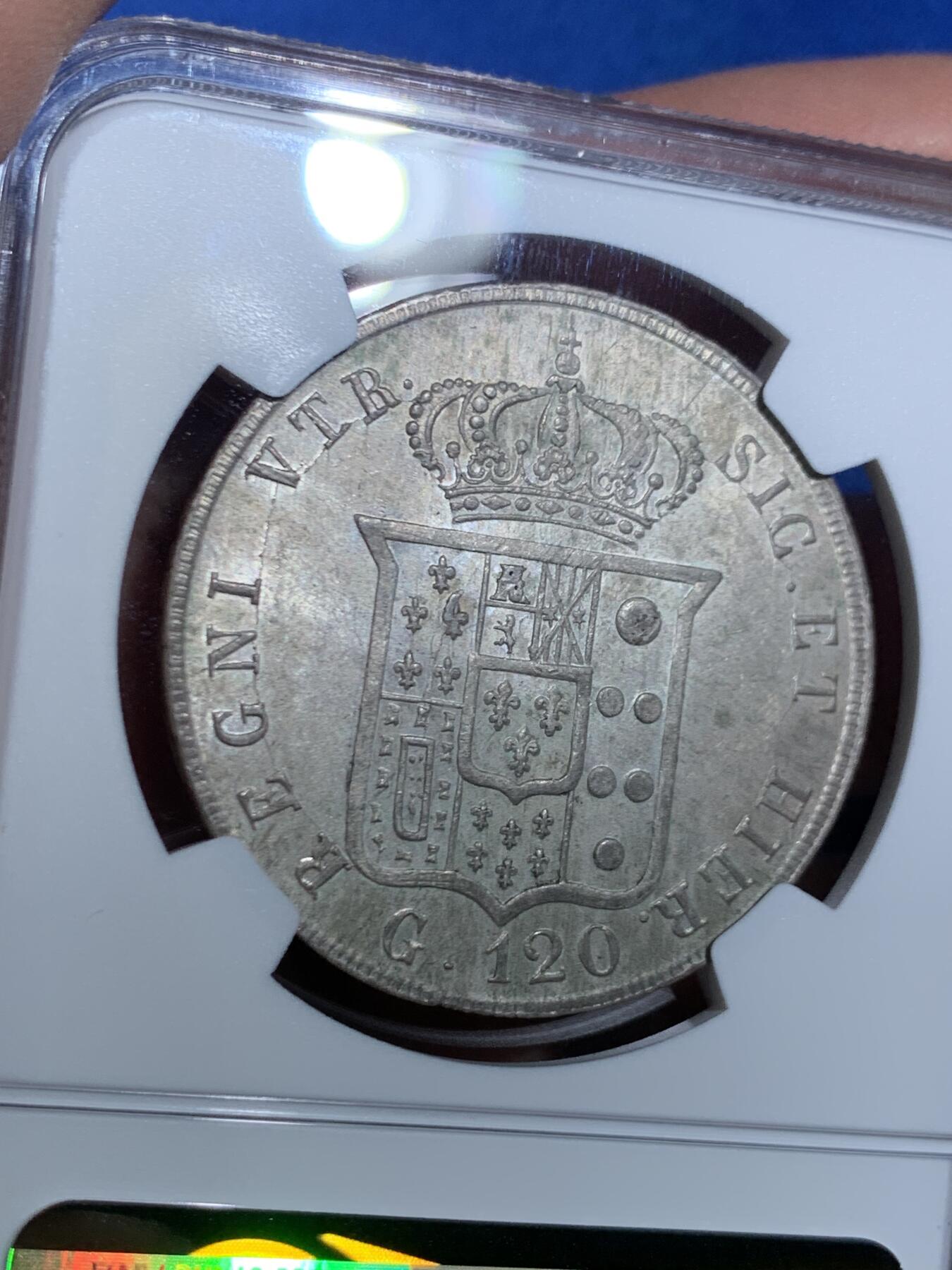 《竞宝斋》第445场 周日，周一，2场连拍 （全场包邮） NGC MS62 意大利1856年 那不勒斯西西里120G大银币 底光充沛 未见明显的减重痕迹 确实难得