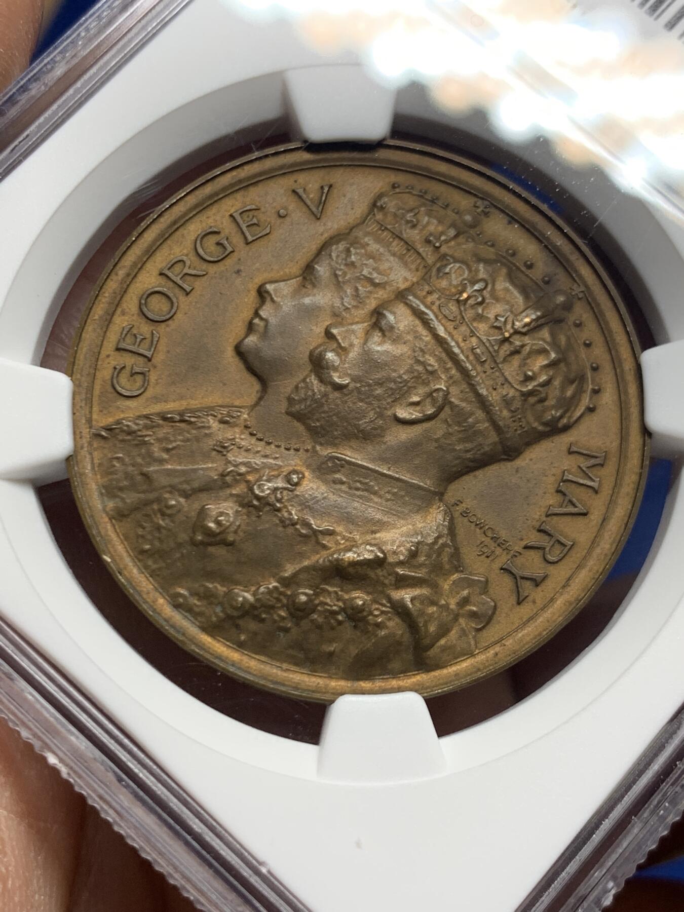 《竞宝斋》第445场 周日，周一，2场连拍 （全场包邮） NGC MS63 英国1911年乔治五世加冕纪念铜章