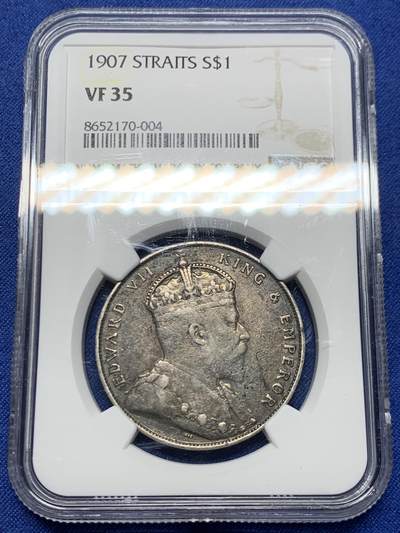 《竞宝斋》第445场 周日，周一，2场连拍 （全场包邮） - NGC VF35 英属海峡1907年爱德华七世壹圆银币