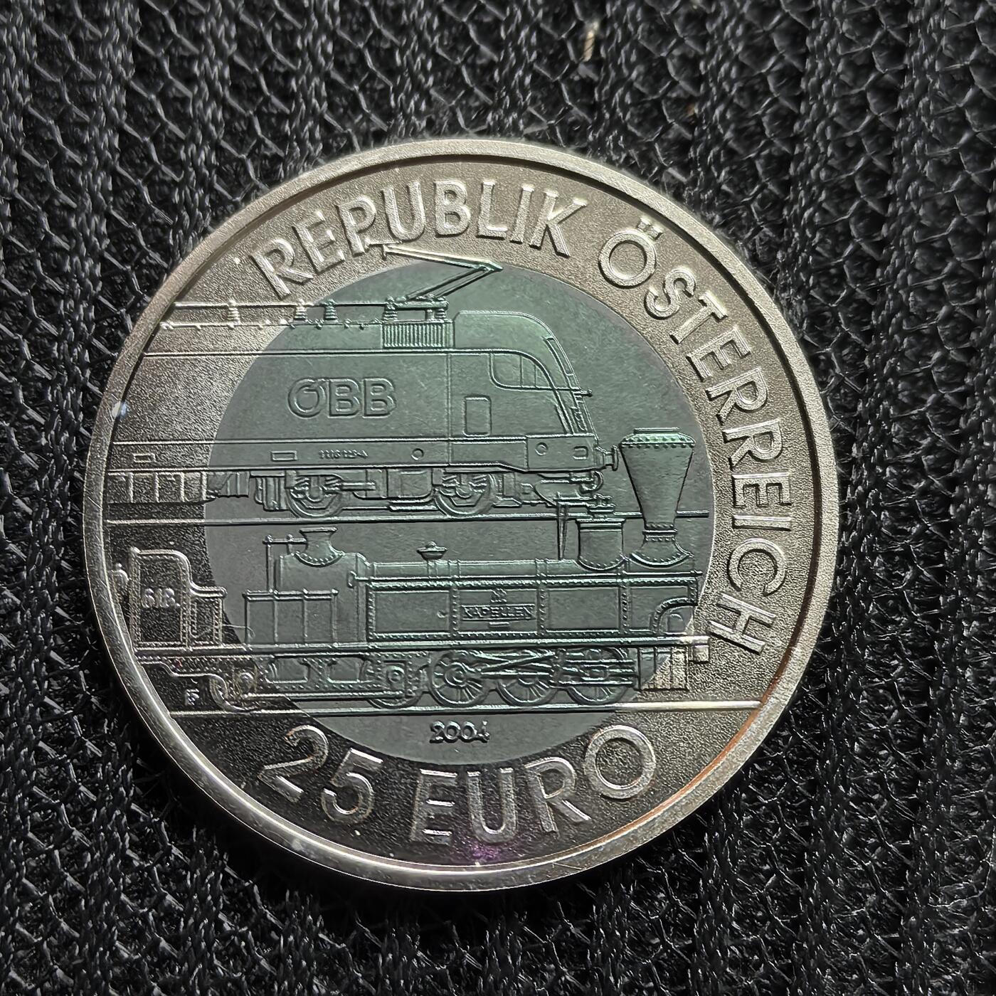 道一币馆币章第一百五十八场 原盒证 奥地利2004年塞默林阿尔卑斯山铁路通车150年25欧元铌芯银币