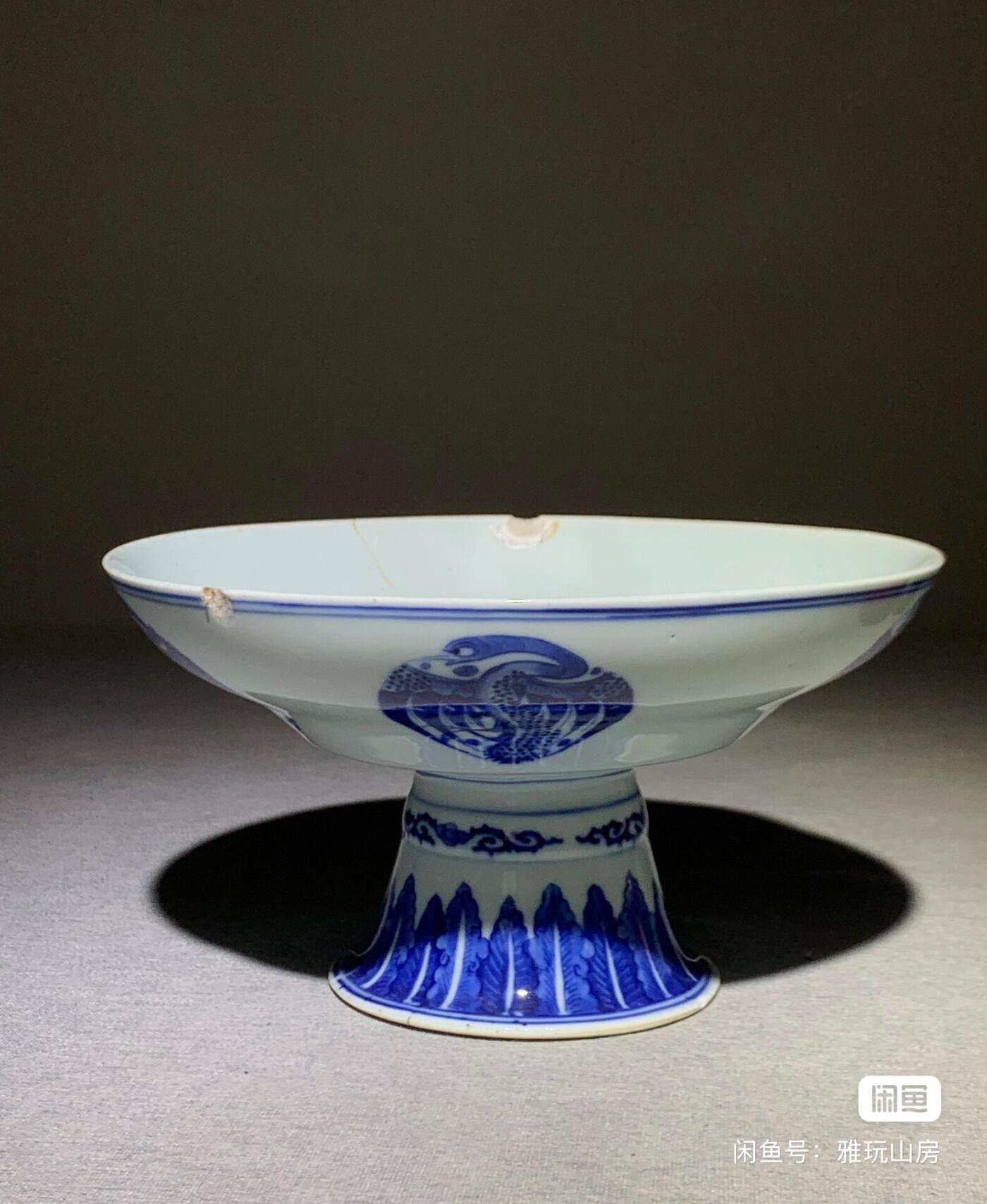 晚清青花团鹤纹高足盘 包老保真 