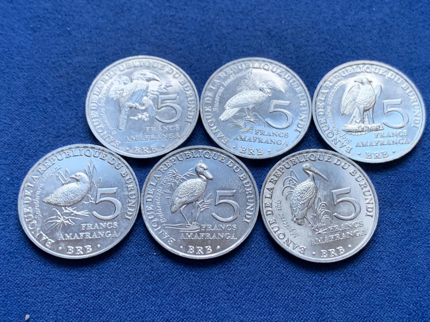 《竞宝斋》第445场 周日，周一，2场连拍 （全场包邮） 六枚一组 布隆迪2014年5法郎 不同鸟类币