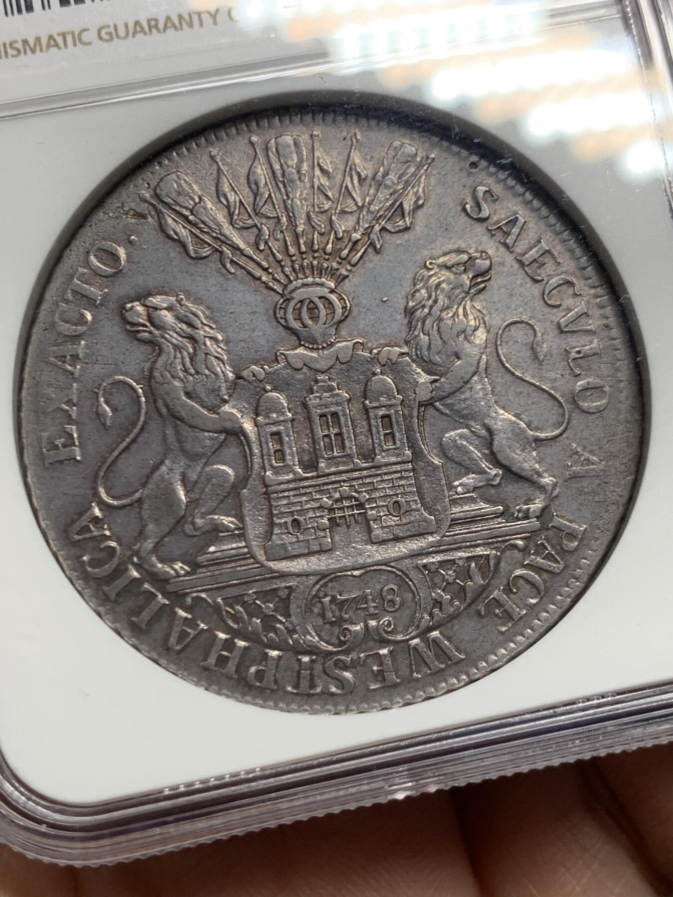 《竞宝斋》第445场 周日，周一，2场连拍 （全场包邮） NGC AUD 德国汉堡双狮1748年威斯特伐利亚和平100周年泰勒大银币