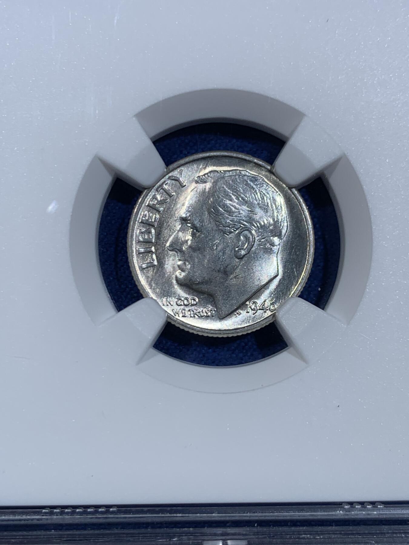 《竞宝斋》第445场 周日，周一，2场连拍 （全场包邮） NGC MS64 美国1946年10美分银币，罗斯福10美分首年份