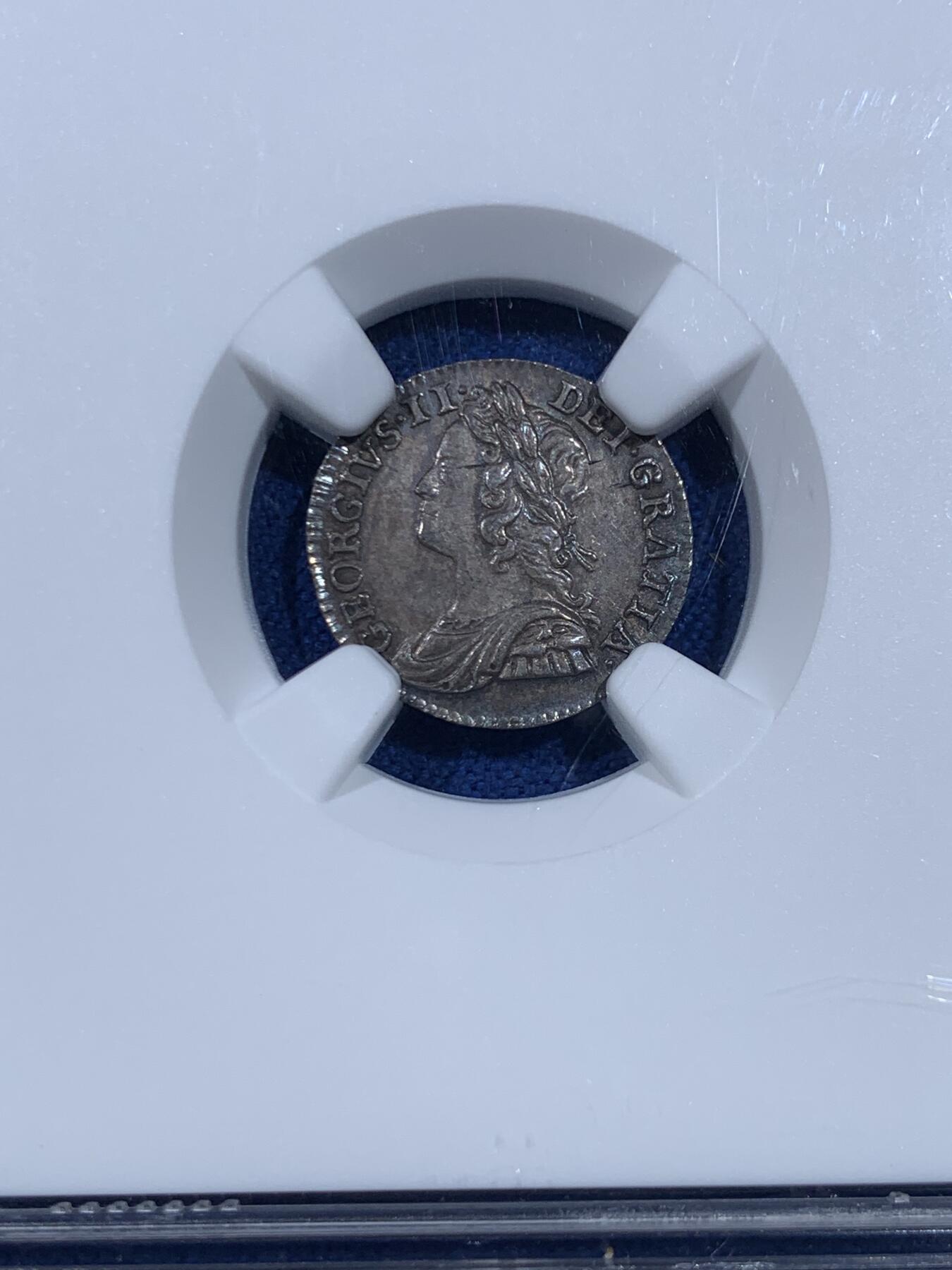 《竞宝斋》第445场 周日，周一，2场连拍 （全场包邮） 四枚一组 NGC AU55/MS63/MS62/UNCD 英国1746年乔治二世1/2/3/4便士银币 2便士盒子右下角有磕