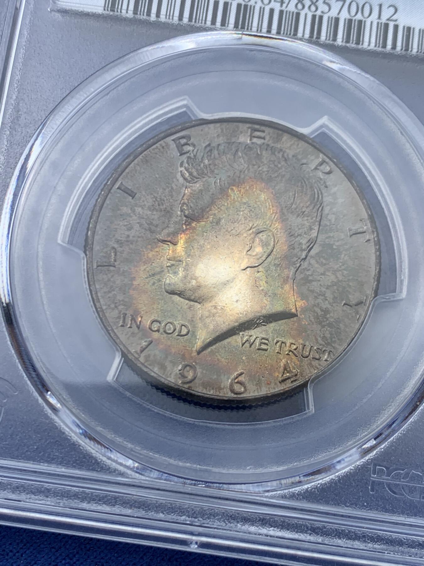 《竞宝斋》第445场 周日，周一，2场连拍 （全场包邮） PCGS MS64 美国1964年半美元银币，肯尼迪50美分首年份，900高银，双面黑彩，包浆彩好看