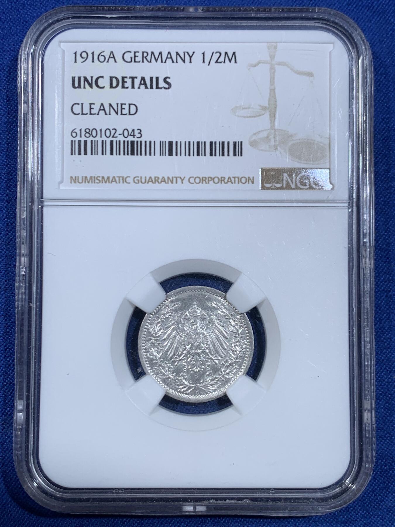 《竞宝斋》第445场 周日，周一，2场连拍 （全场包邮） NGC UNCD 德国1916A半马克银币 光度好 状态也好