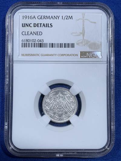 《竞宝斋》第445场 周日，周一，2场连拍 （全场包邮） - NGC UNCD 德国1916A半马克银币 光度好 状态也好