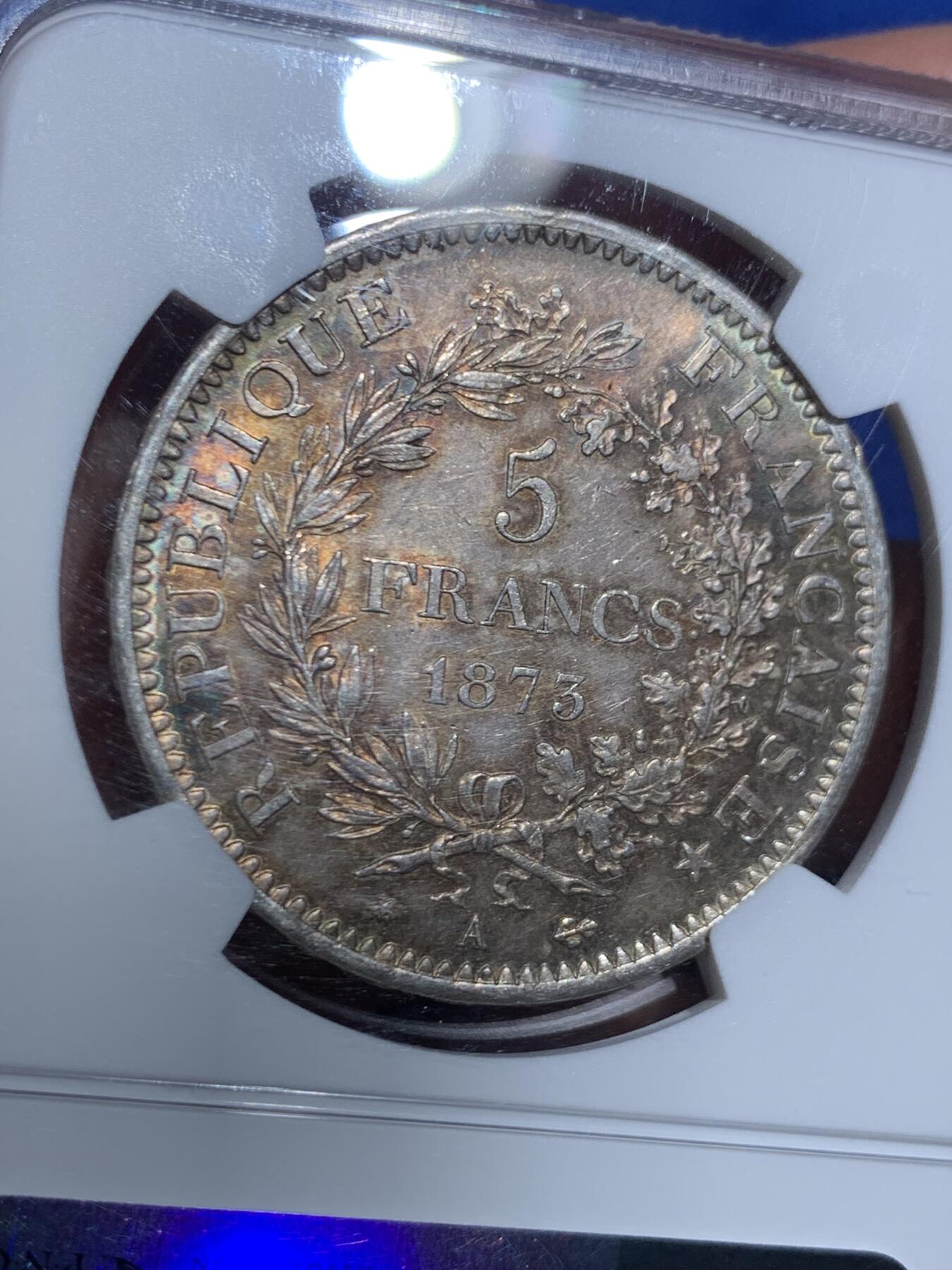 《竞宝斋》第445场 周日，周一，2场连拍 （全场包邮） NGC MS63 法国1873年A版大力神5法郎银币 酱彩包浆 性价比分数