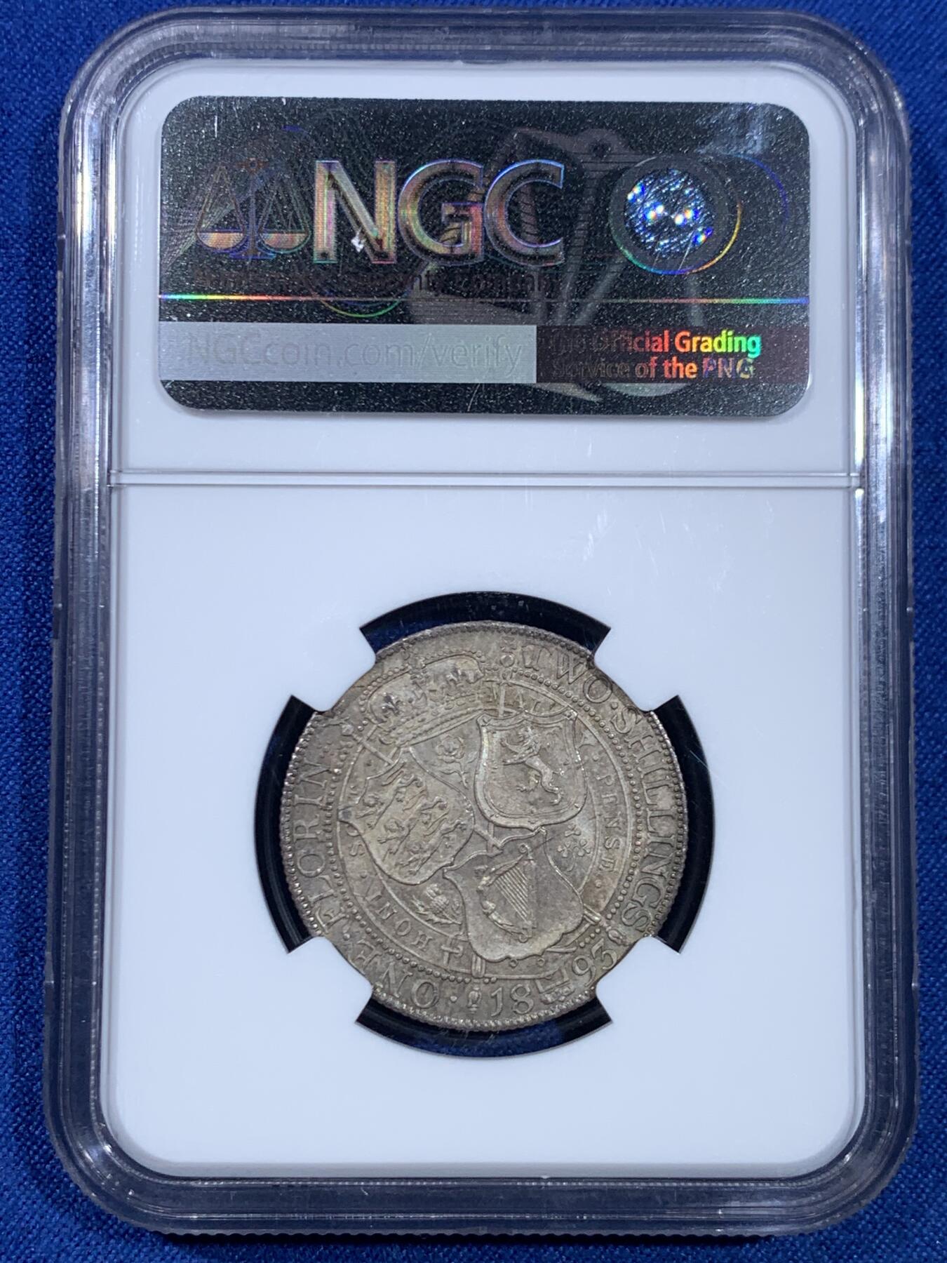 《竞宝斋》第445场 周日，周一，2场连拍 （全场包邮） NGC MS64 英国 1893年 维多利亚披纱2先令 (1福林) 银币，灰金彩，底板丝滑，非常好的状态。英系经典，收藏级品质