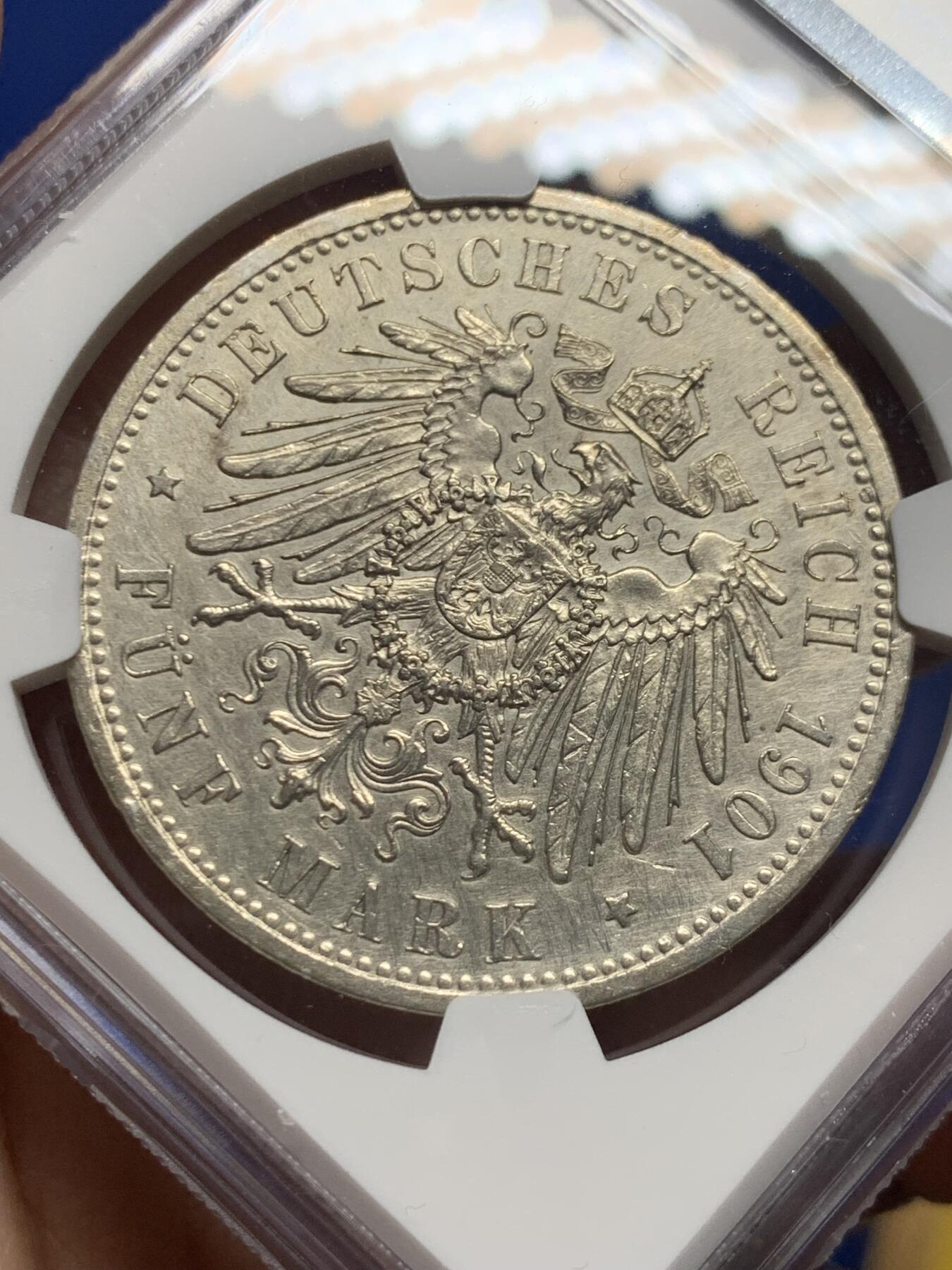 《竞宝斋》第445场 周日，周一，2场连拍 （全场包邮） NGC AUD 德国1901年普鲁士建国200周年5马克银币