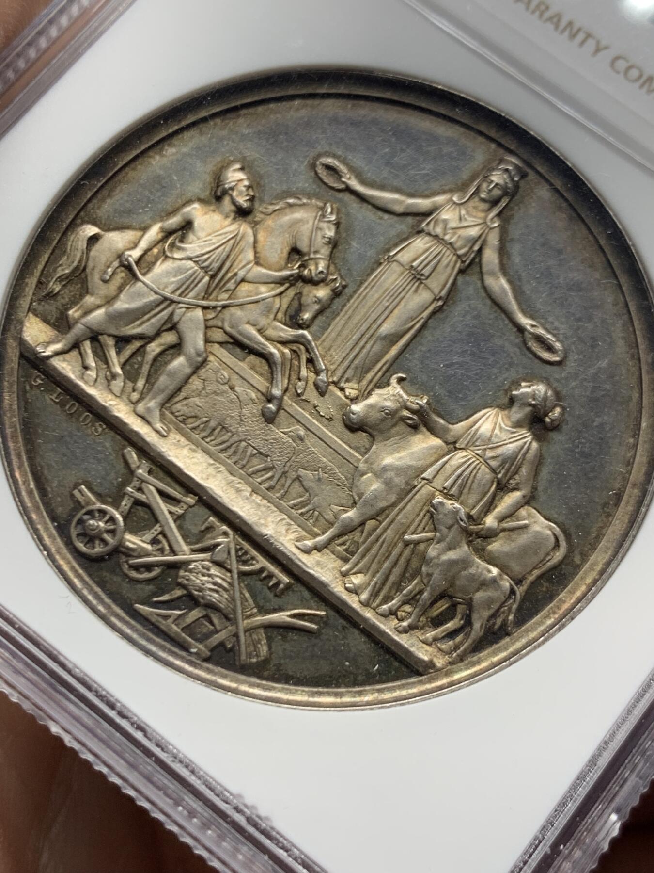 《竞宝斋》第445场 周日，周一，2场连拍 （全场包邮） NGC MS63 德国19世纪农业服务银章 LOOS作品 42mm 极美细节