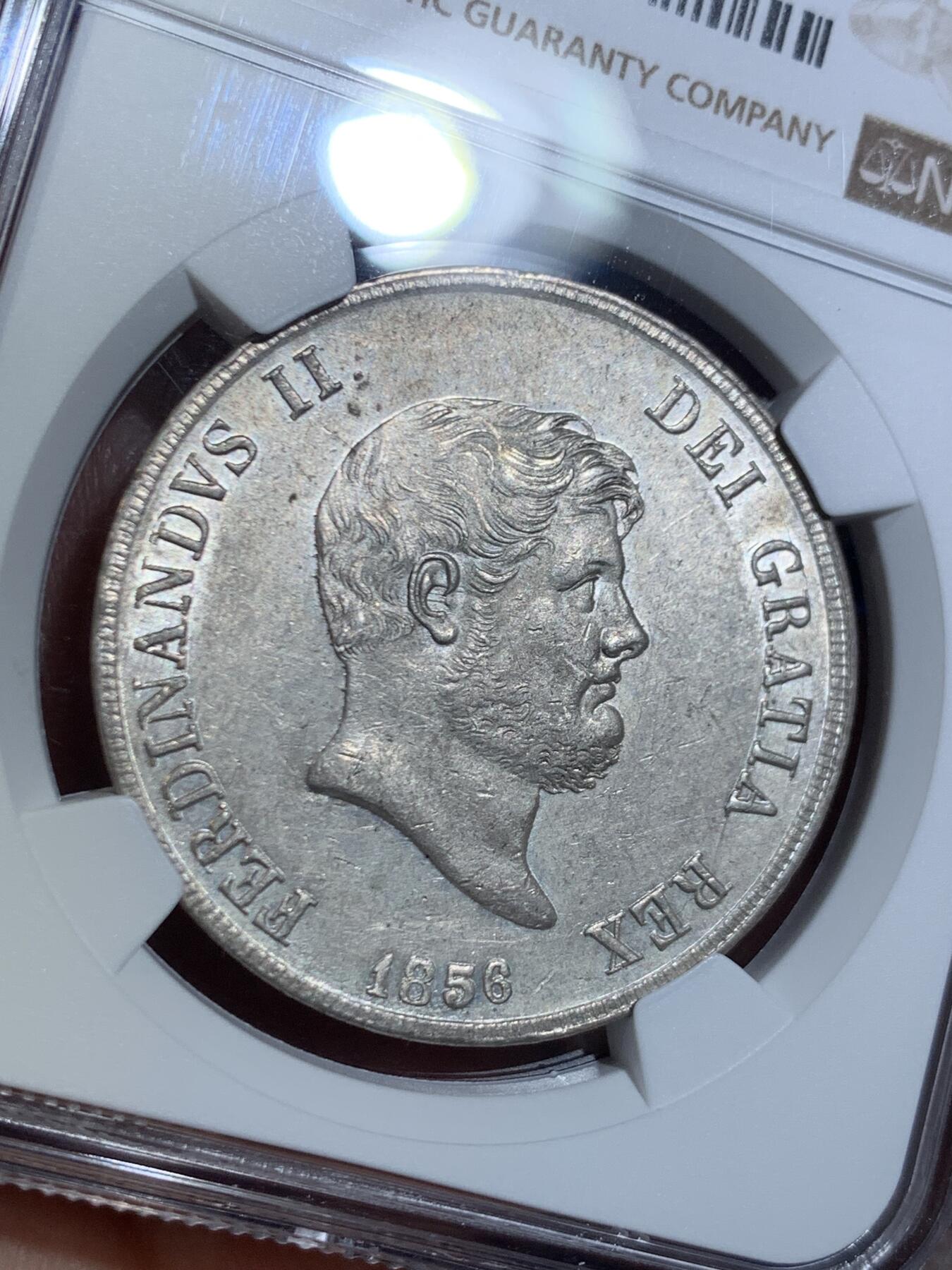 《竞宝斋》第445场 周日，周一，2场连拍 （全场包邮） NGC MS62 意大利1856年 那不勒斯西西里120G大银币 底光充沛 未见明显的减重痕迹 确实难得