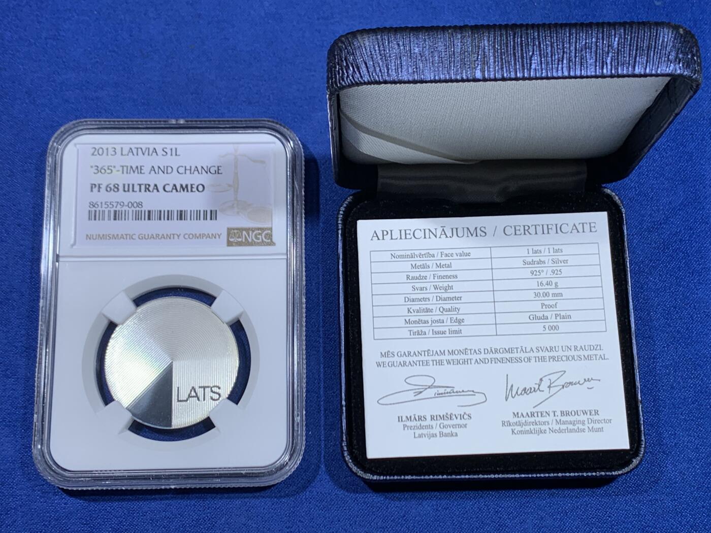 《竞宝斋》第445场 周日，周一，2场连拍 （全场包邮） 获奖币 NGC PF68UC 拉脱维亚2013年时光365精制纪念银币-1拉特（16.4克重，925银，盒证齐全，发行量5千枚）荣膺2014年硬币之星独特概念奖第一名，方寸厘米之间非常巧妙地诠释了分秒时周月和年的逻辑关系，值得把玩和品味的一枚匠心之作！
