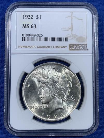《竞宝斋》第445场 周日，周一，2场连拍 （全场包邮） - NGC MS63 美国1922年1美元和平银币 币面干净 性价比之选