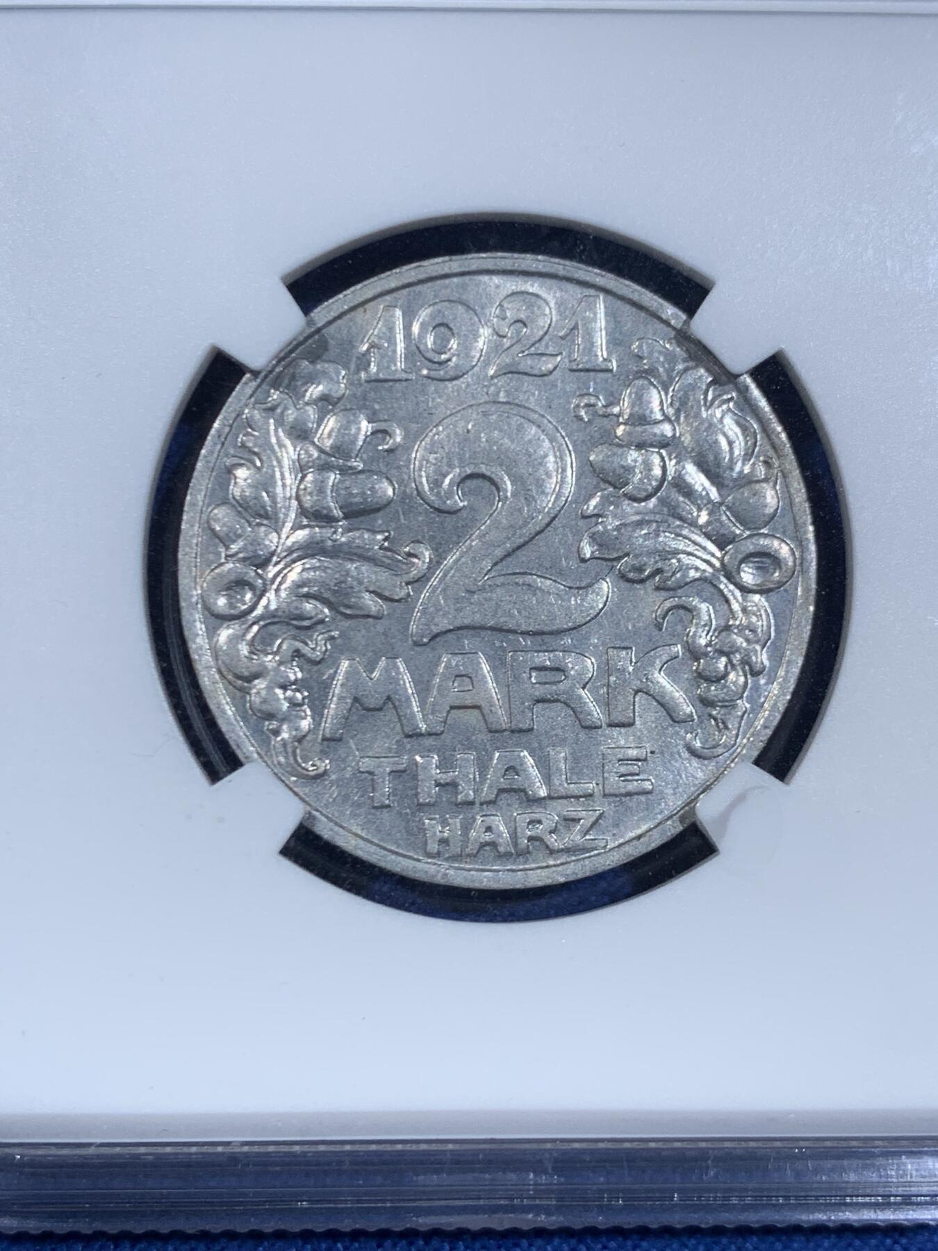 《竞宝斋》第445场 周日，周一，2场连拍 （全场包邮） NGC MS64 德国1921年德紧塔勒哈茨大猫2马克铝币 少见品种