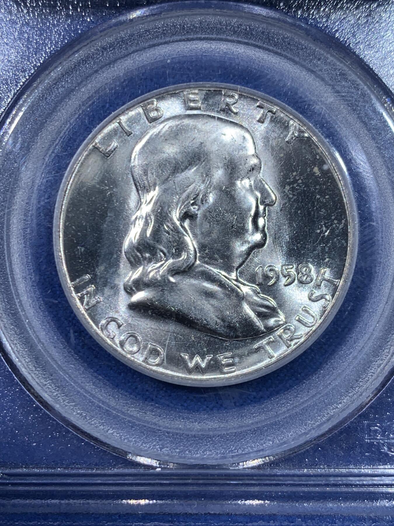 《竞宝斋》第445场 周日，周一，2场连拍 （全场包邮） PCGS MS64 美国1958年富兰克林半美元银币