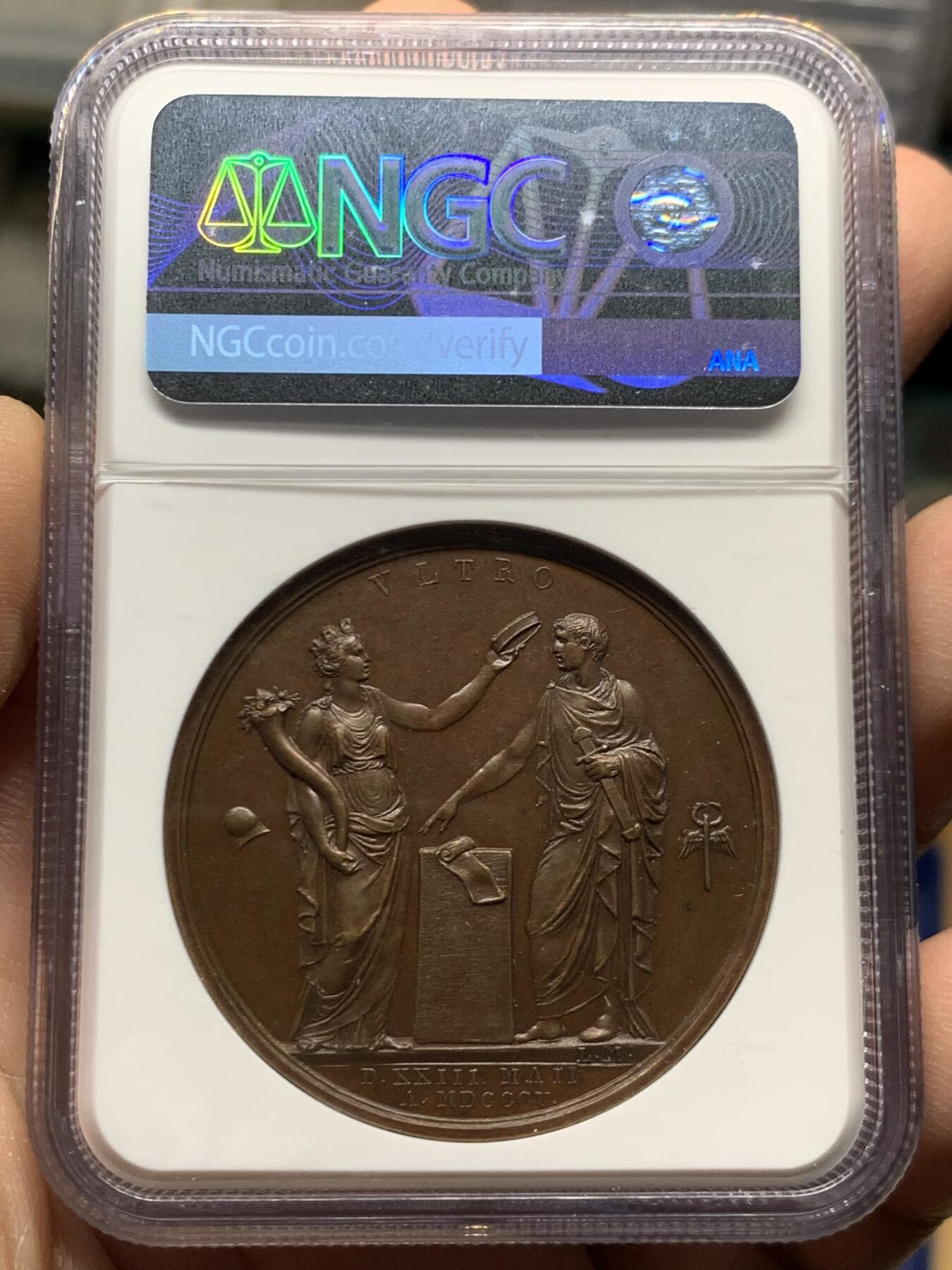 《竞宝斋》第445场 周日，周一，2场连拍 （全场包邮） NGC MS63BN 法国1805年拿破仑米兰加冕典礼纪念铜章 高分 加厚盒