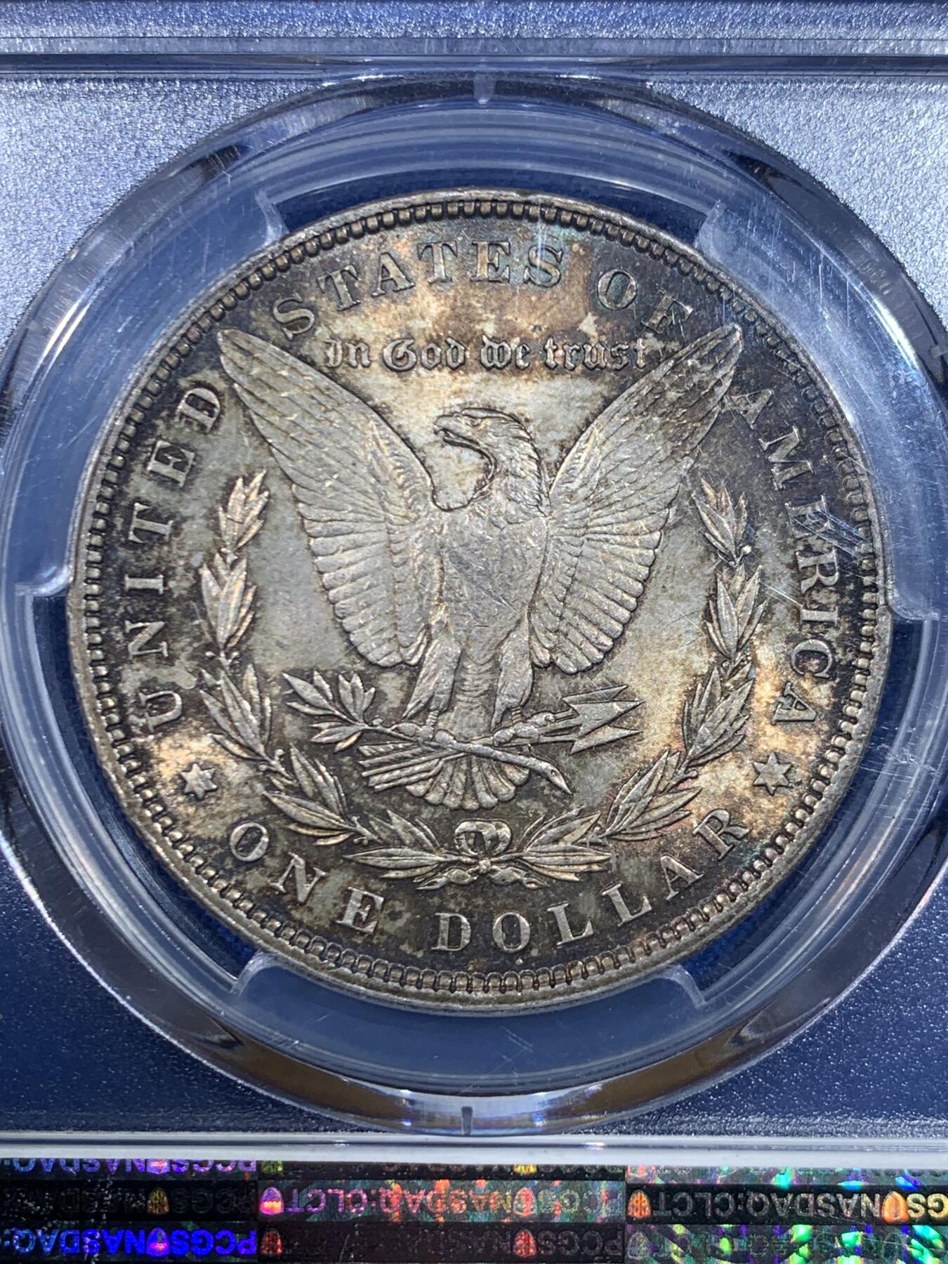 《竞宝斋》第445场 周日，周一，2场连拍 （全场包邮） NGC MS63 美国1896年摩根银币，五彩绚丽包浆，既是岁月的沉淀，又是独一无二的色彩，是收藏投资不二佳品