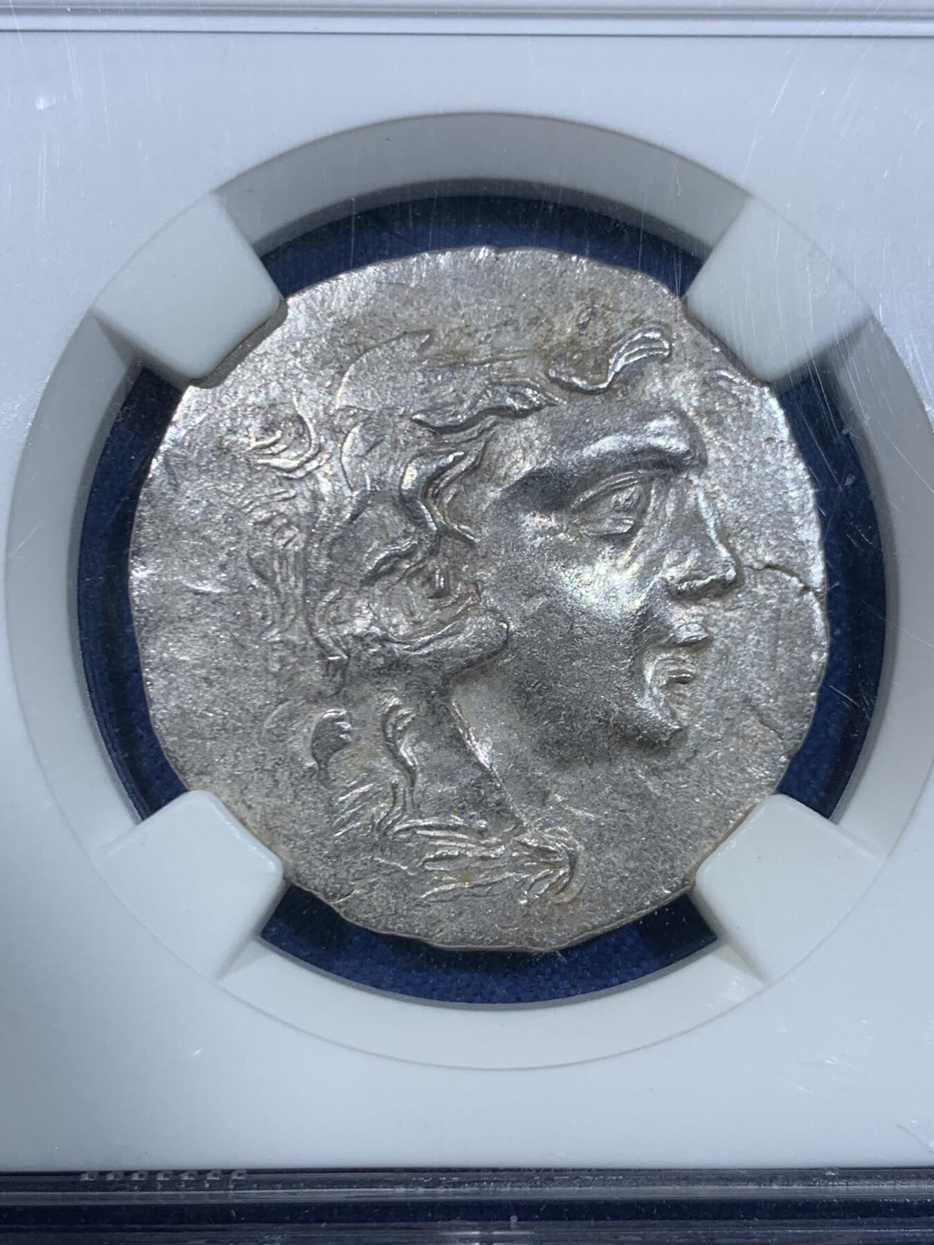 《竞宝斋》第445场 周日，周一，2场连拍 （全场包邮） NGC AU 铸造4分表面4分 古希腊色雷斯奥德修斯4德拉克马银币，宙斯神像，好状态。