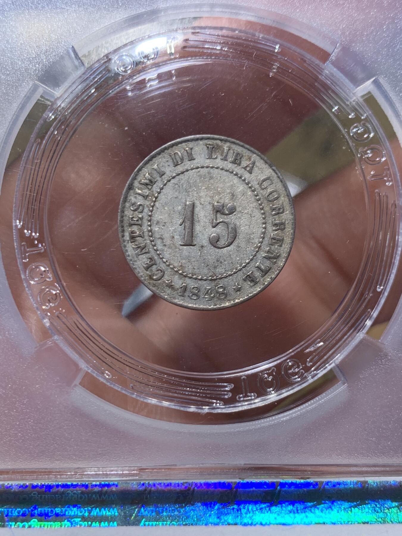 《竞宝斋》第445场 周日，周一，2场连拍 （全场包邮） TQG AU53 威尼斯革命政府 1848年 15分 银币 经典圣马可飞狮图案 1848年威尼斯市民起义后建立的短命政权 仅存在一年多 细节良好 少见品种