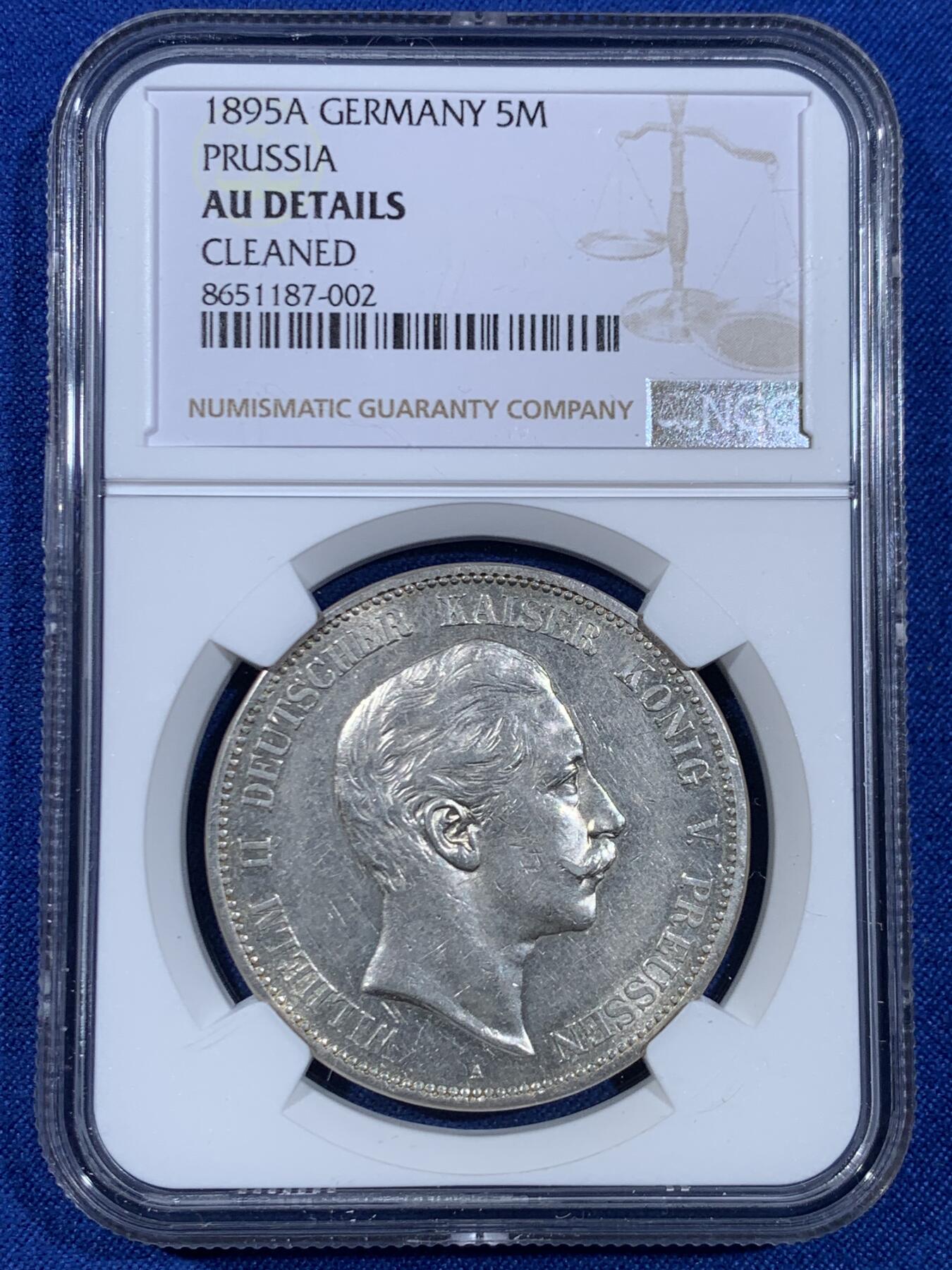 《竞宝斋》第445场 周日，周一，2场连拍 （全场包邮） NGC AUD 德国普鲁士1895年威廉二世5马克银币 流通5马克这状态很难得
