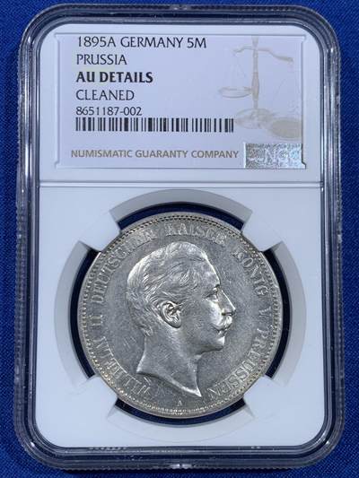 《竞宝斋》第445场 周日，周一，2场连拍 （全场包邮） - NGC AUD 德国普鲁士1895年威廉二世5马克银币 流通5马克这状态很难得