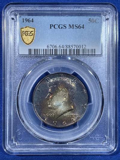 《竞宝斋》第445场 周日，周一，2场连拍 （全场包邮） - PCGS MS64 美国1964年半美元银币，肯尼迪50美分首年份，900高银，双面黑彩，包浆彩好看