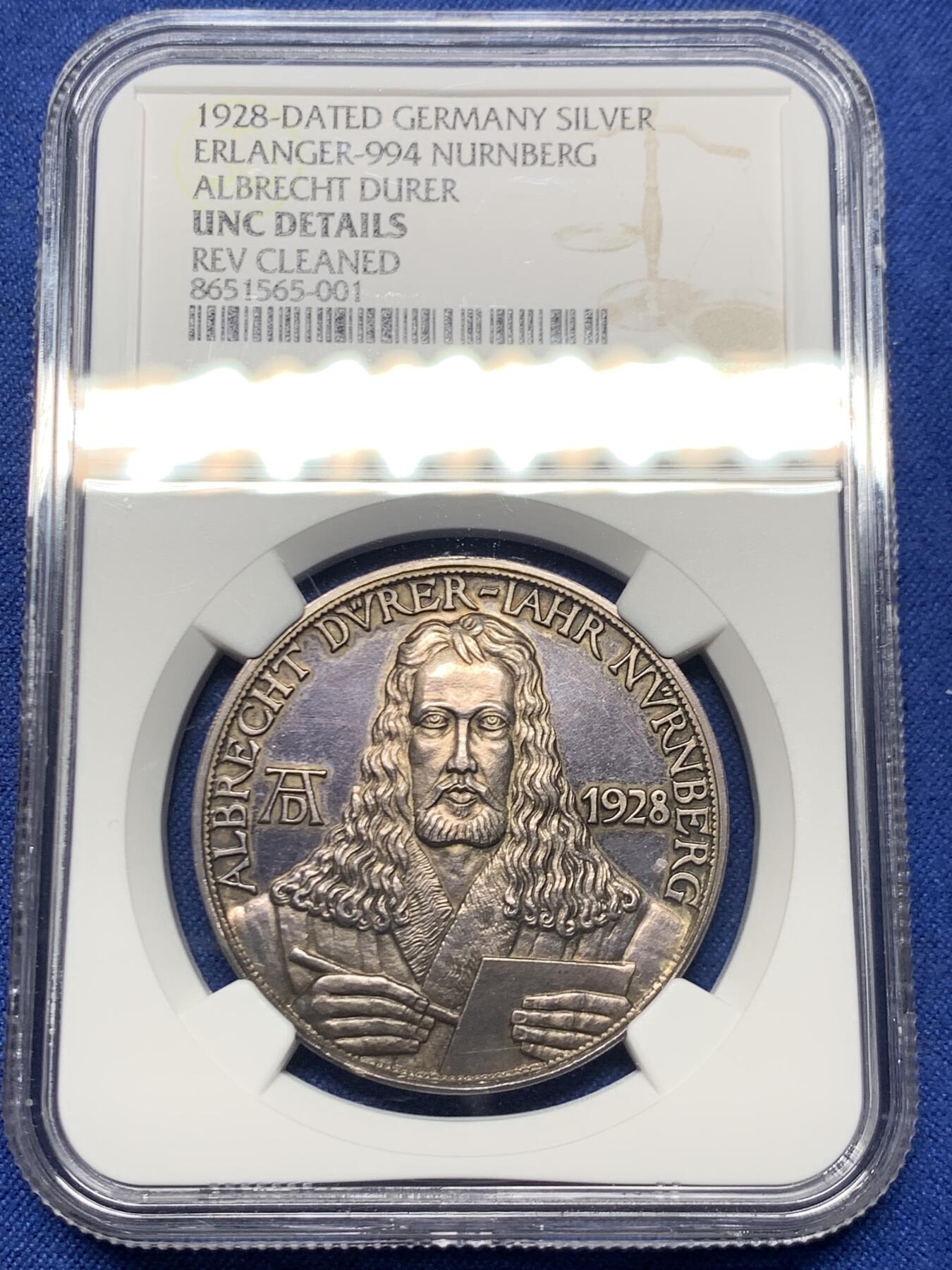 《竞宝斋》第445场 周日，周一，2场连拍 （全场包邮） NGC UNCD 德国1928年画家丢勒银章 状态不错