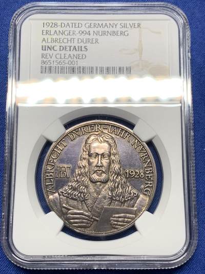 《竞宝斋》第445场 周日，周一，2场连拍 （全场包邮） - NGC UNCD 德国1928年画家丢勒银章 状态不错