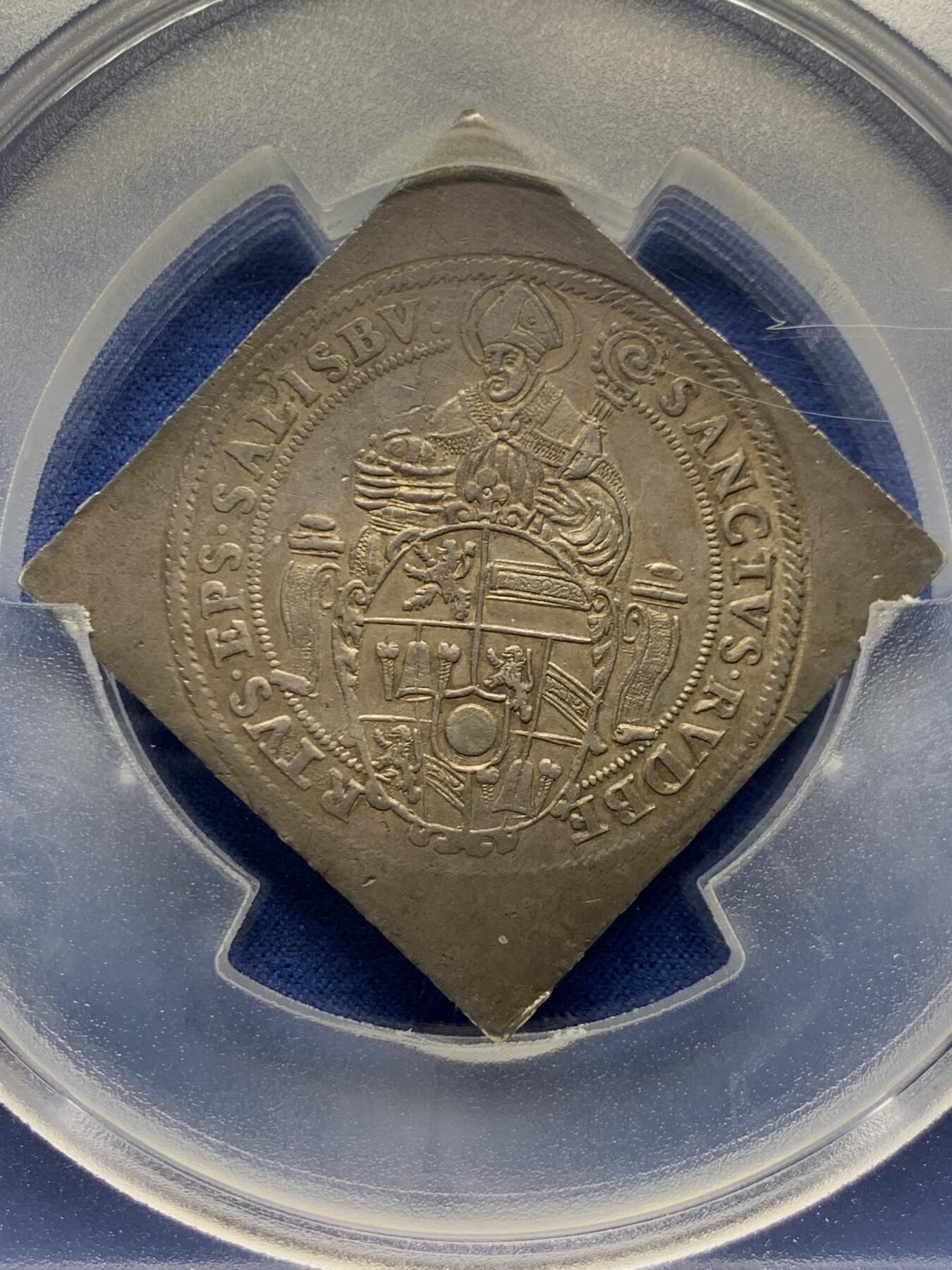 《竞宝斋》第445场 周日，周一，2场连拍 （全场包邮） 唯一亚军分 PCGS AU50 神圣罗马帝国  1593年 萨尔茨堡大主教区 圣鲁珀特 2泰勒方形大银币 将近57克超大规格 独年发行 及其少见的样式与规格 P大盒封装 更高分仅一枚